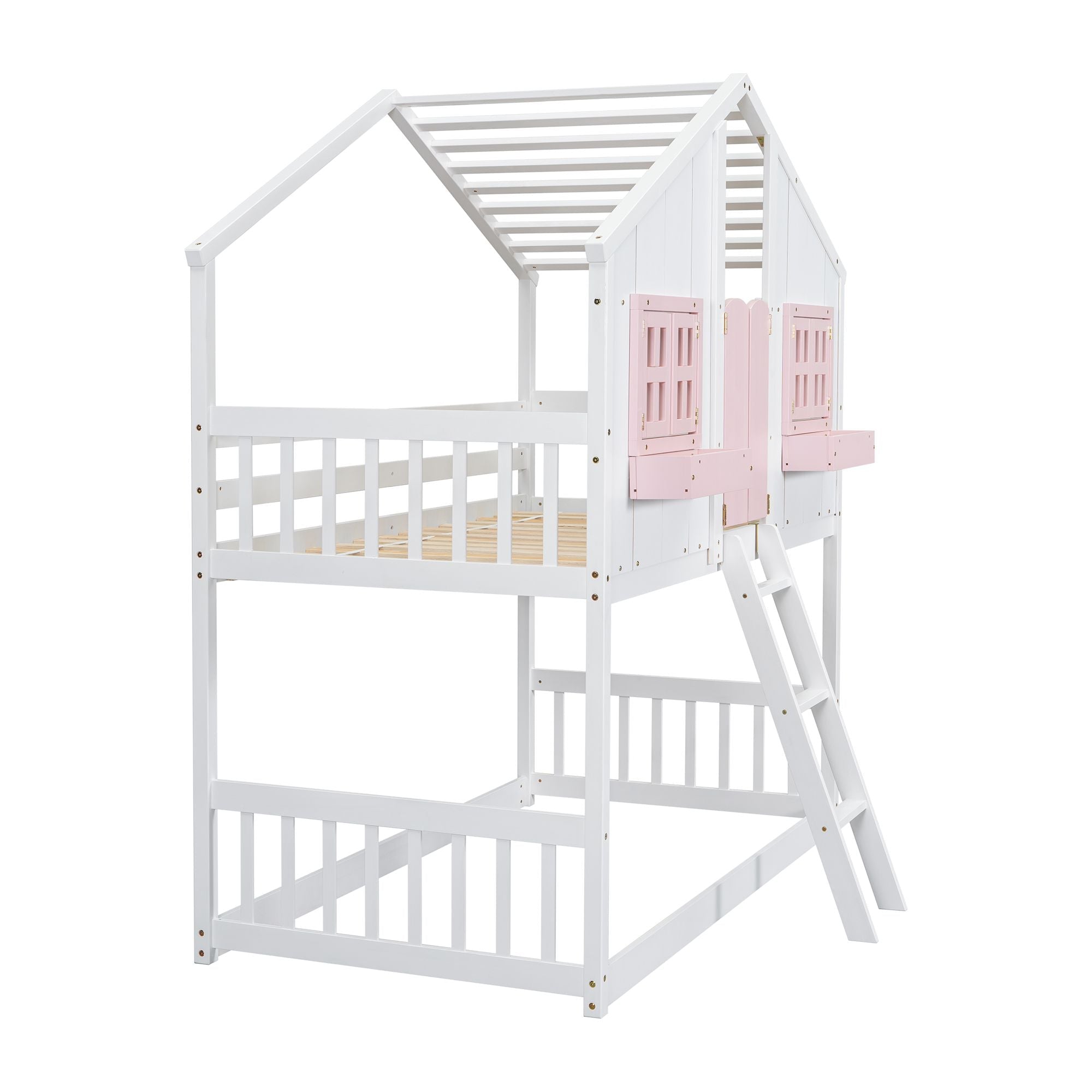 Imaginative Twin Over Twin Wood House Bunk Bed with Roof, Window, Door, Ladder in Multiple Colors | Just Better Bunk Beds