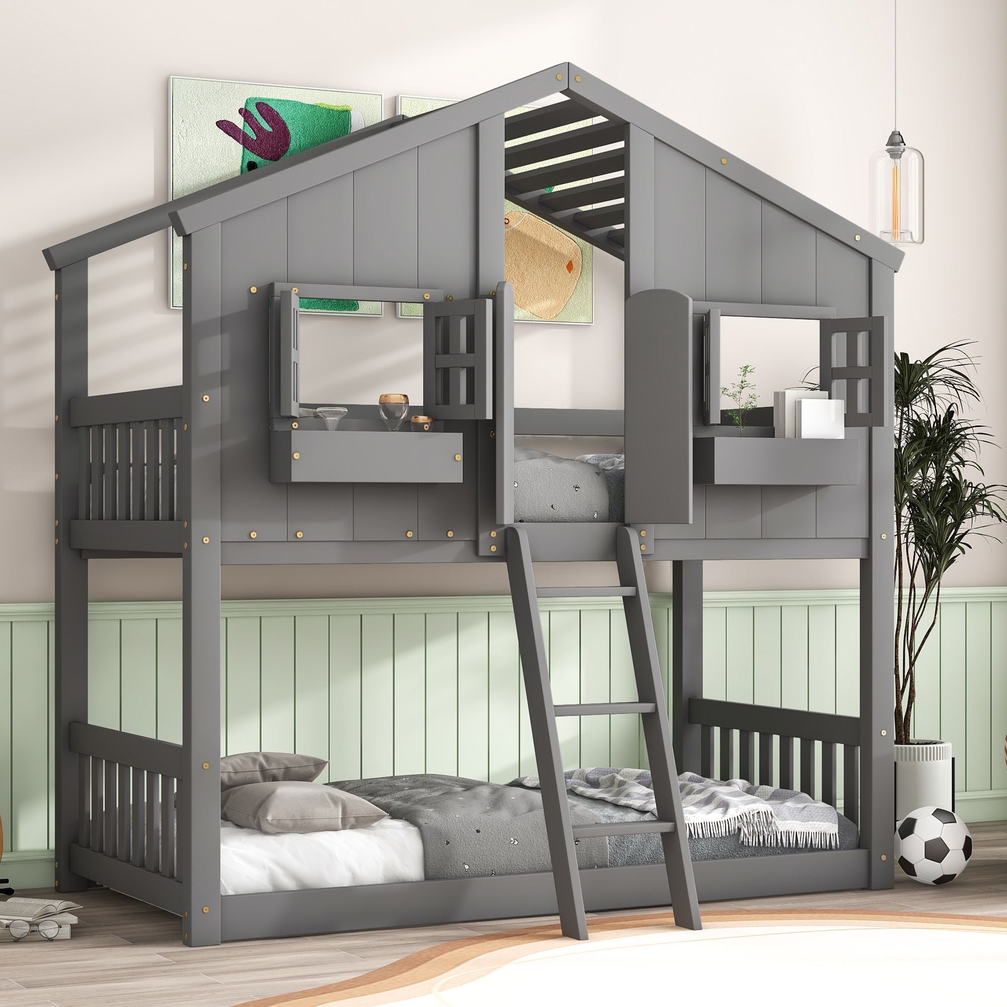 Imaginative Twin Over Twin Wood House Bunk Bed with Roof, Window, Door, Ladder in Multiple Colors | Just Better Bunk Beds