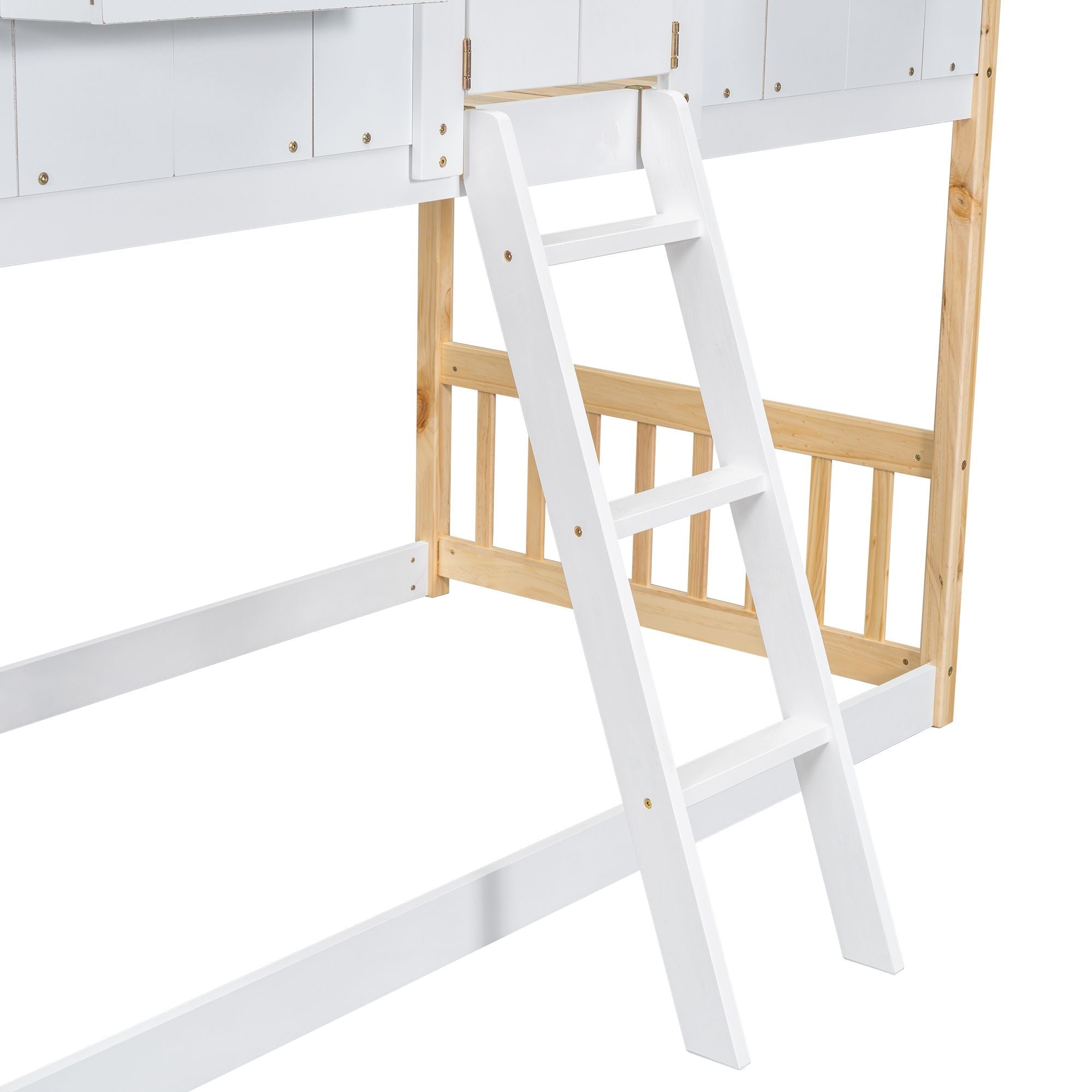 Imaginative Twin Over Twin Wood House Bunk Bed with Roof, Window, Door, Ladder in Multiple Colors | Just Better Bunk Beds