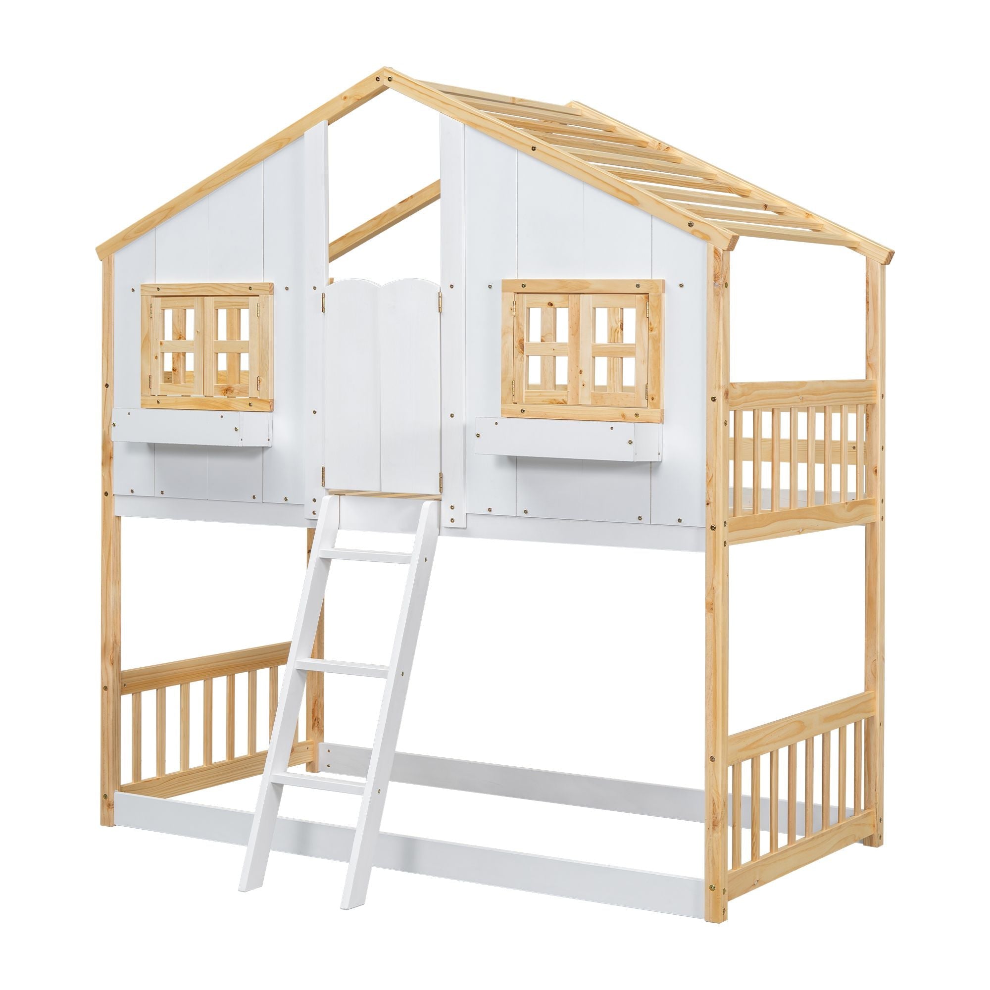 Imaginative Twin Over Twin Wood House Bunk Bed with Roof, Window, Door, Ladder in Multiple Colors | Just Better Bunk Beds