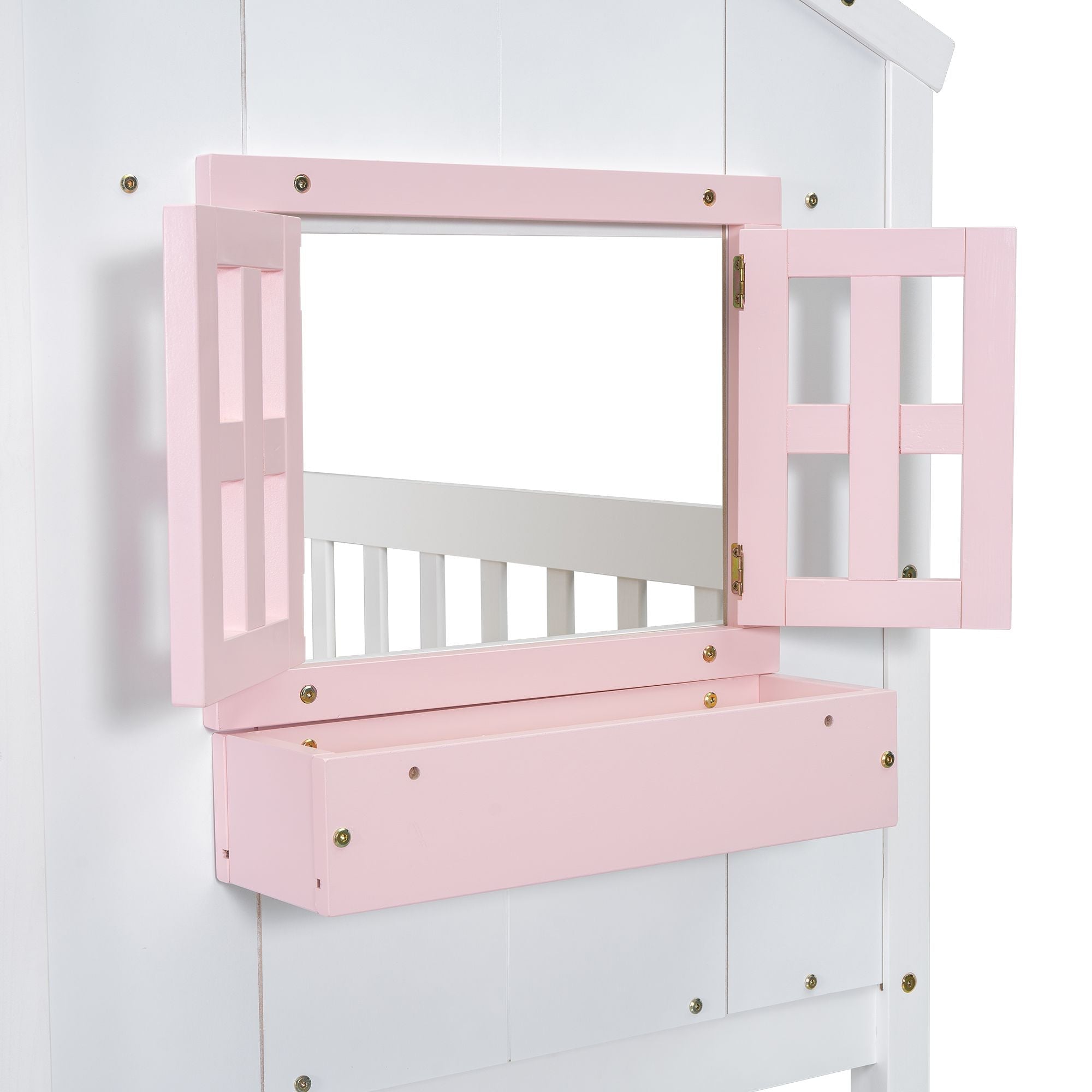 Imaginative Twin Over Twin Wood House Bunk Bed with Roof, Window, Door, Ladder in Multiple Colors | Just Better Bunk Beds