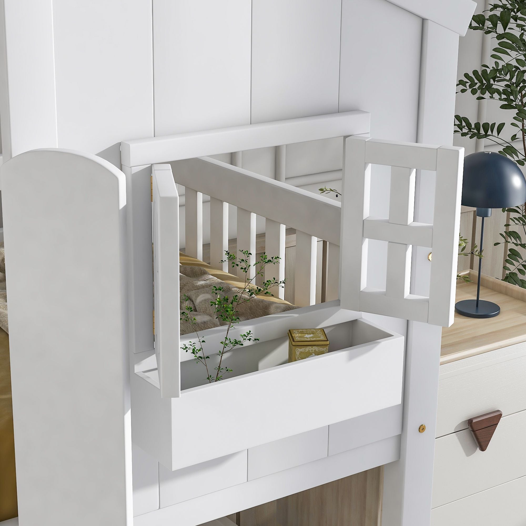 Imaginative Twin Over Twin Wood House Bunk Bed with Roof, Window, Door, Ladder in Multiple Colors | Just Better Bunk Beds