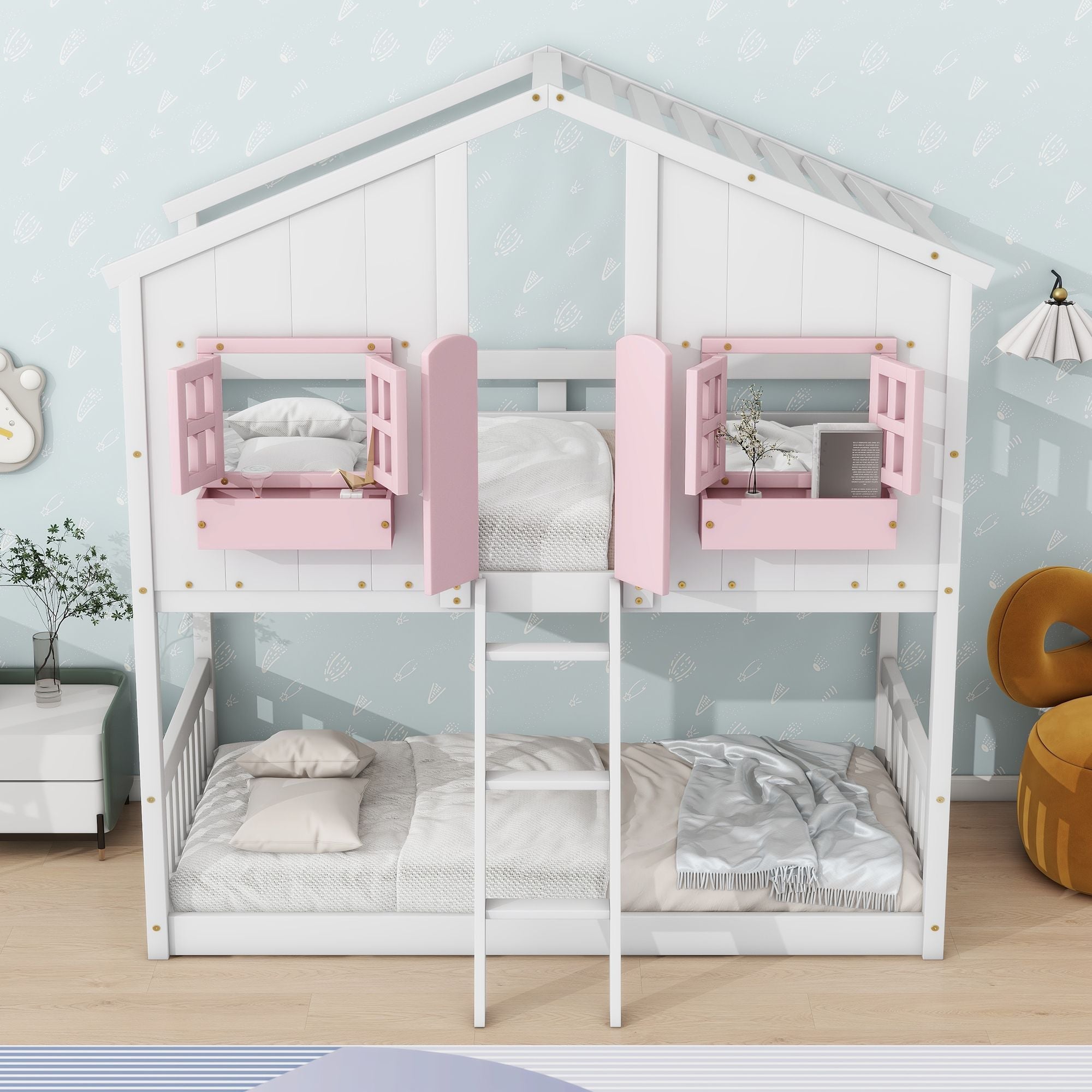 Imaginative Twin Over Twin Wood House Bunk Bed with Roof, Window, Door, Ladder in Multiple Colors | Just Better Bunk Beds