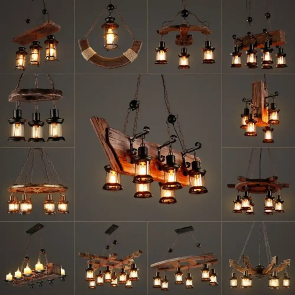 Industrial Vintage Wood Chandelier | Dining Room Lighting