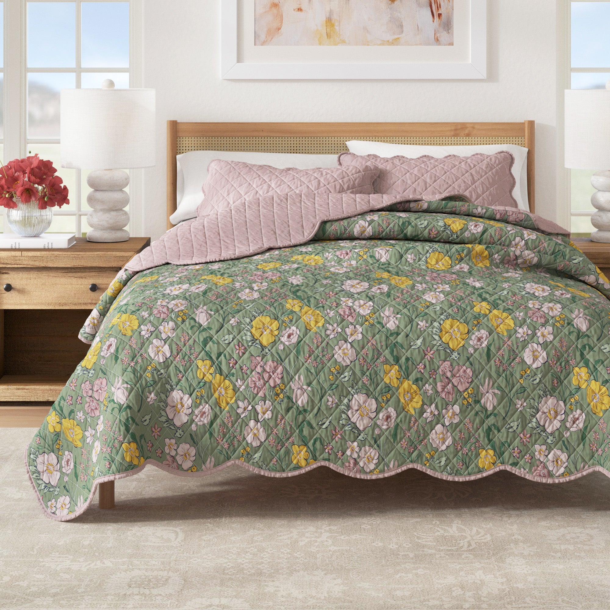 Floral Print & Scalloped Cotton Quilt Set - Gwen Collection