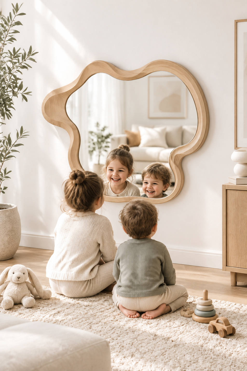 Wavy Wood Frame Wall Mirror with 3D Carved Border | Versatile Hanging for Any Room
