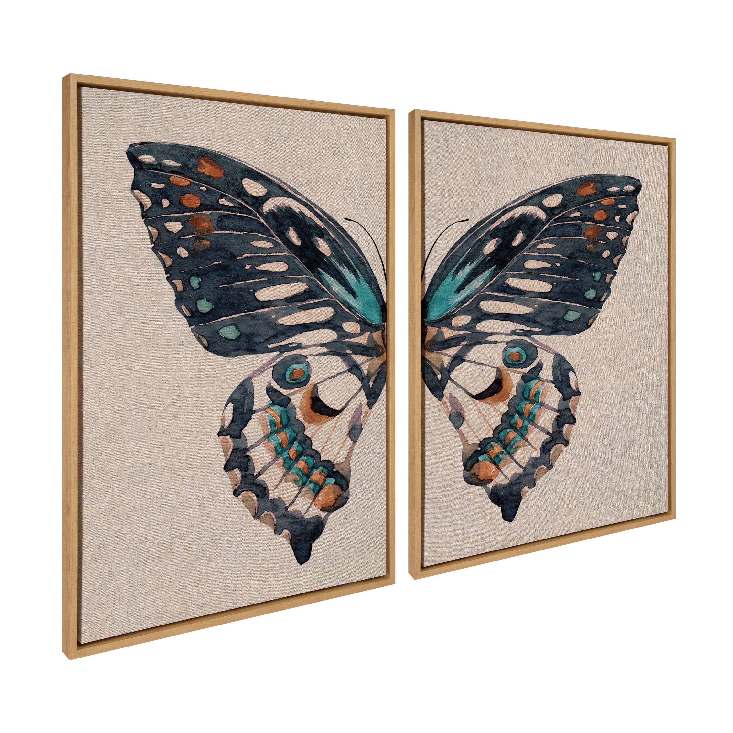 Sylvie Boho Butterfly Watercolor Diptych Neutral Linen Framed Canvas Art Set by The Creative Bunch Studio