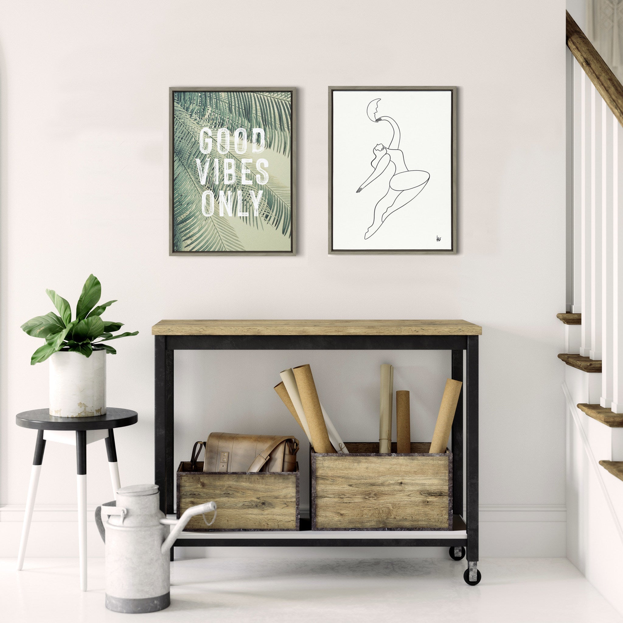 Sylvie Vintage Tropical Palms Good Vibes Only Framed Canvas by The Creative Bunch Studio