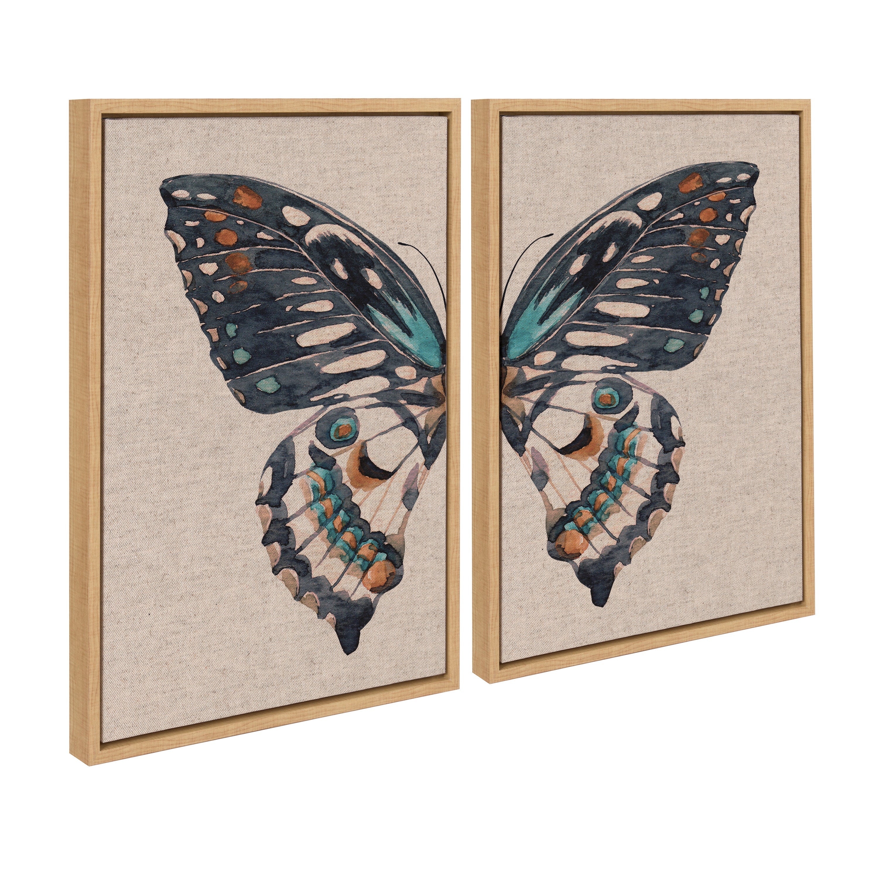 Sylvie Boho Butterfly Watercolor Diptych Neutral Linen Framed Canvas Art Set by The Creative Bunch Studio