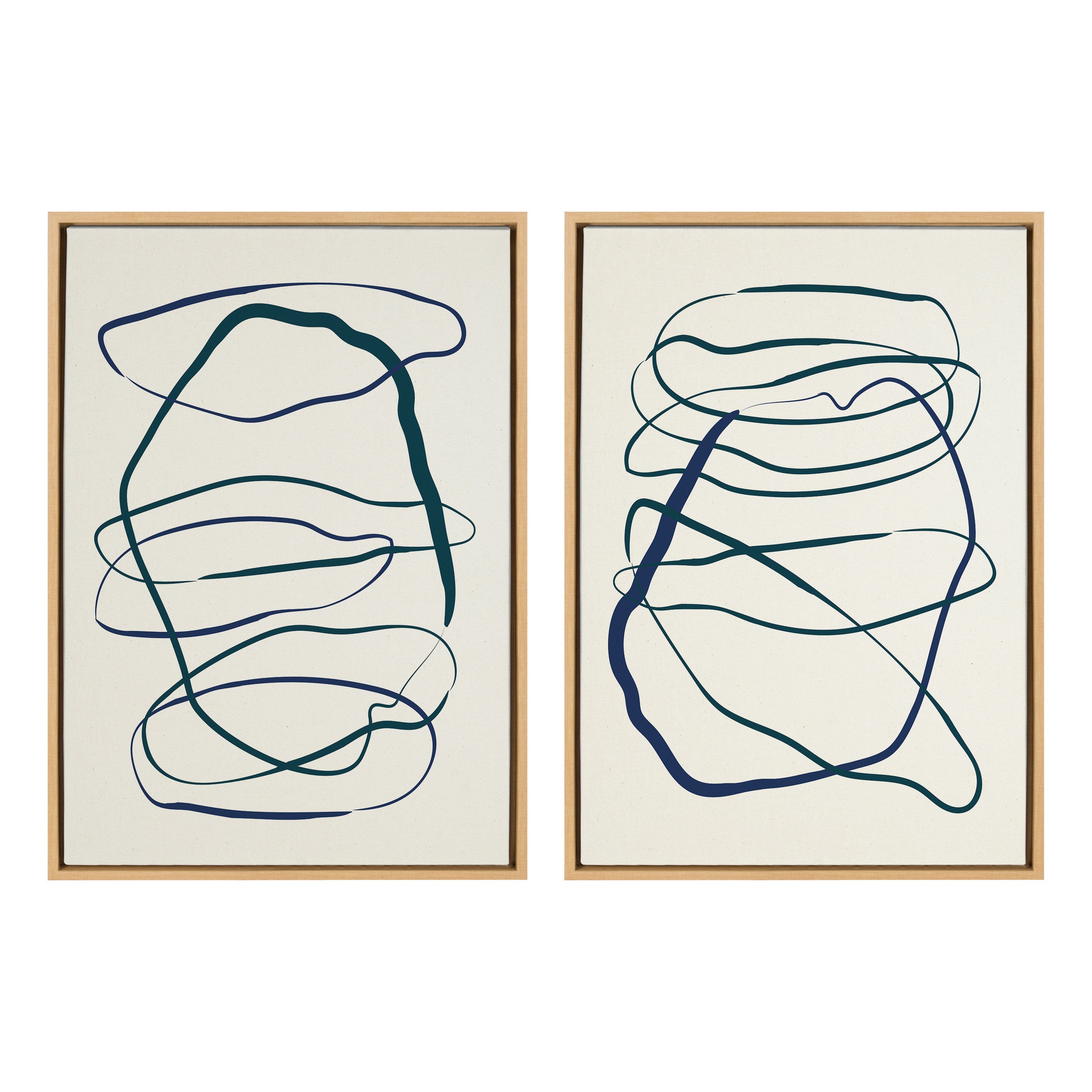 Sylvie Blue and Green Expressive Abstract 1 and 2 Framed Canvas Art Set by The Creative Bunch Studio