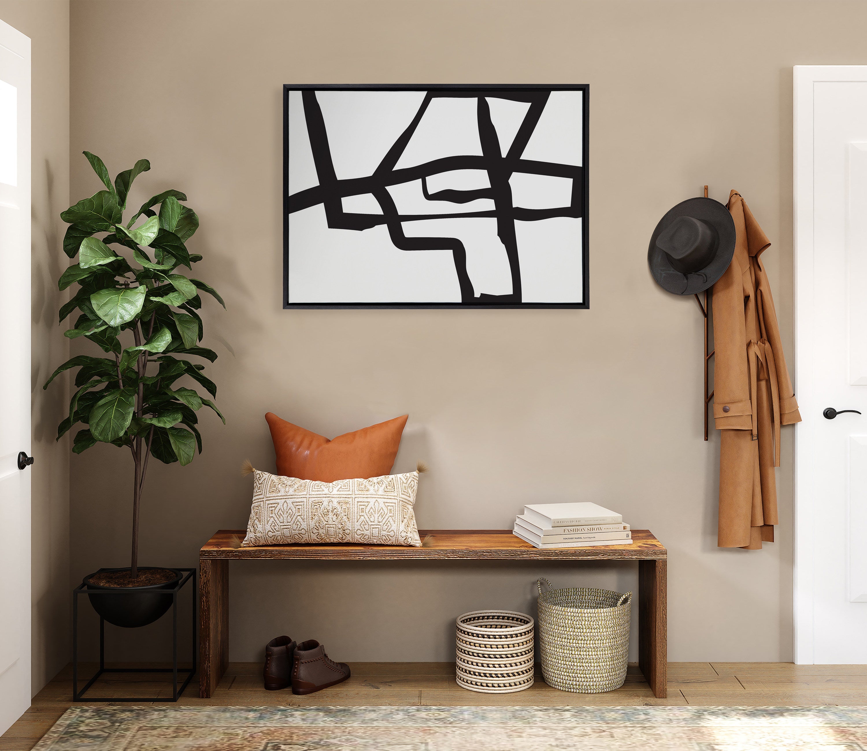 Sylvie Bold Sophisticated Abstract Black Stroke Framed Canvas by The Creative Bunch Studio