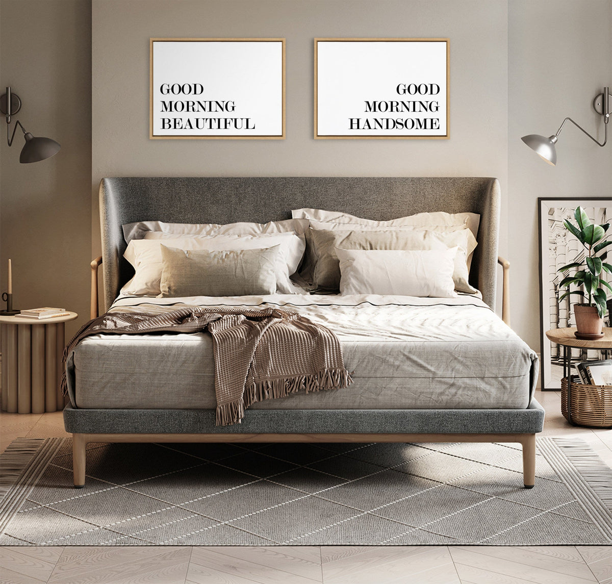 Sylvie Good Morning Beautiful and Good Morning Handsome Framed Canvas Art Set by Maggie Price of Hunt and Gather Goods
