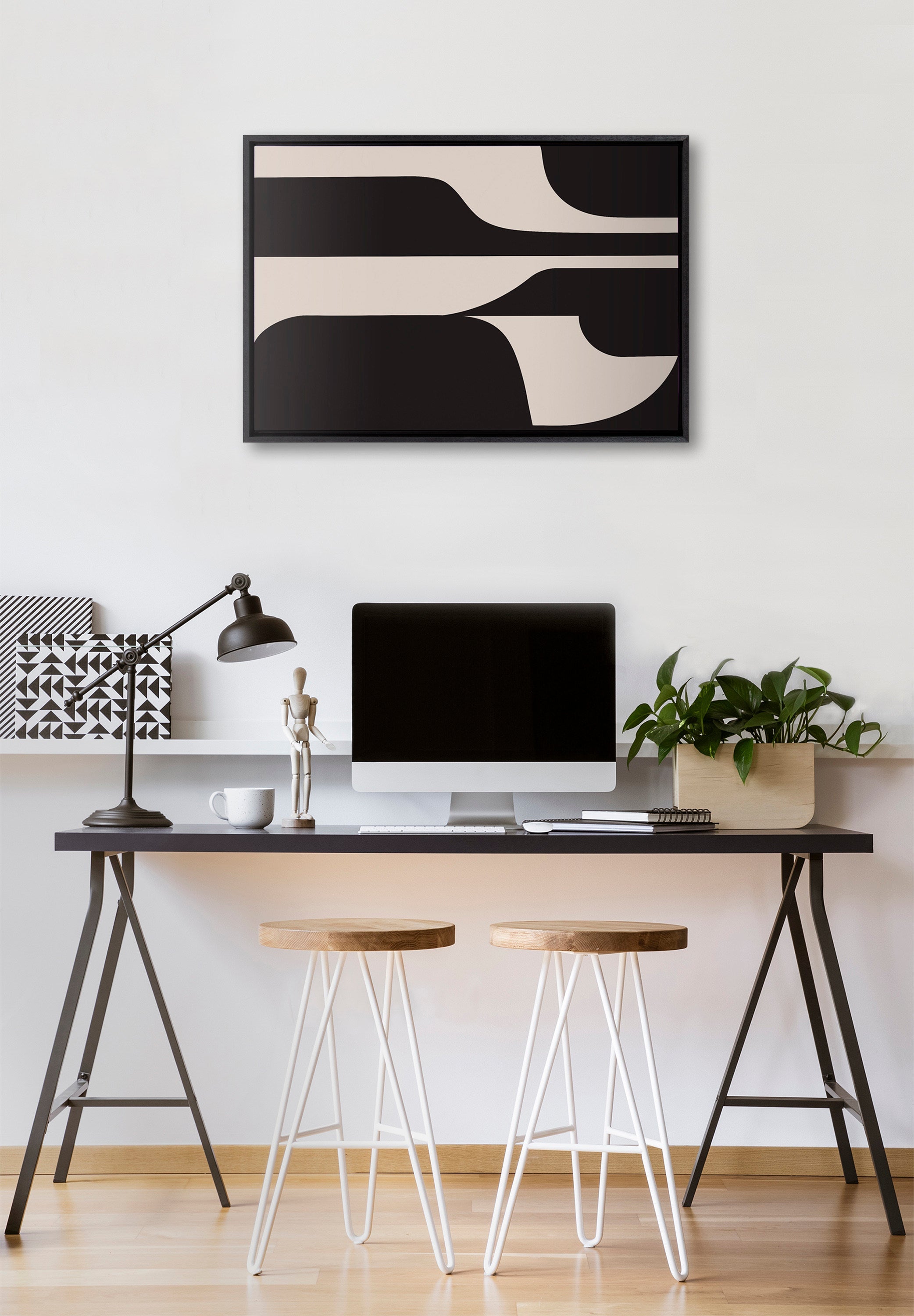 Sylvie Eye Catching Sleek Abstract 6 Black and Beige Framed Canvas by The Creative Bunch Studio
