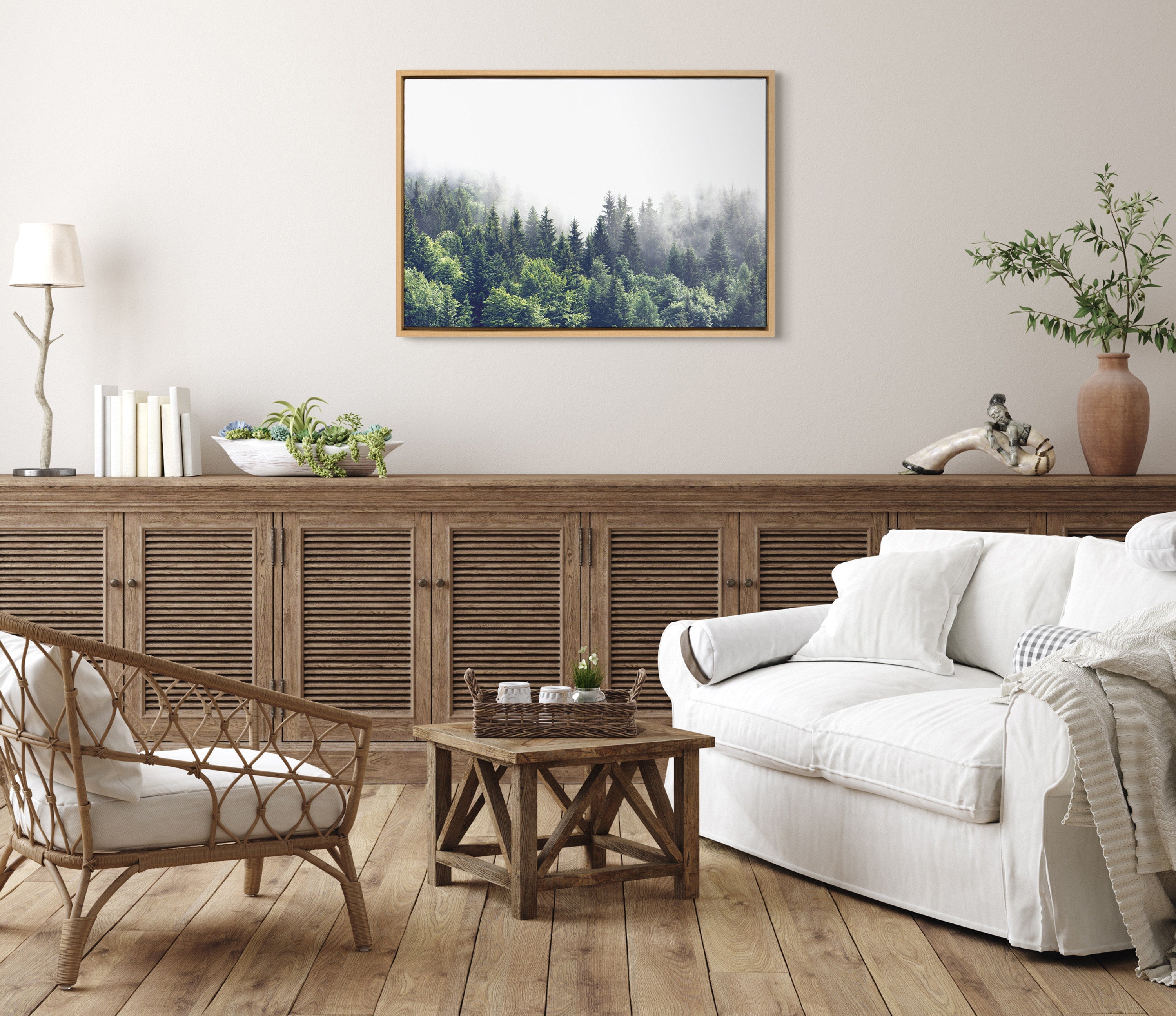 Sylvie Lush Green Forest On A Foggy Day Framed Canvas by The Creative Bunch Studio