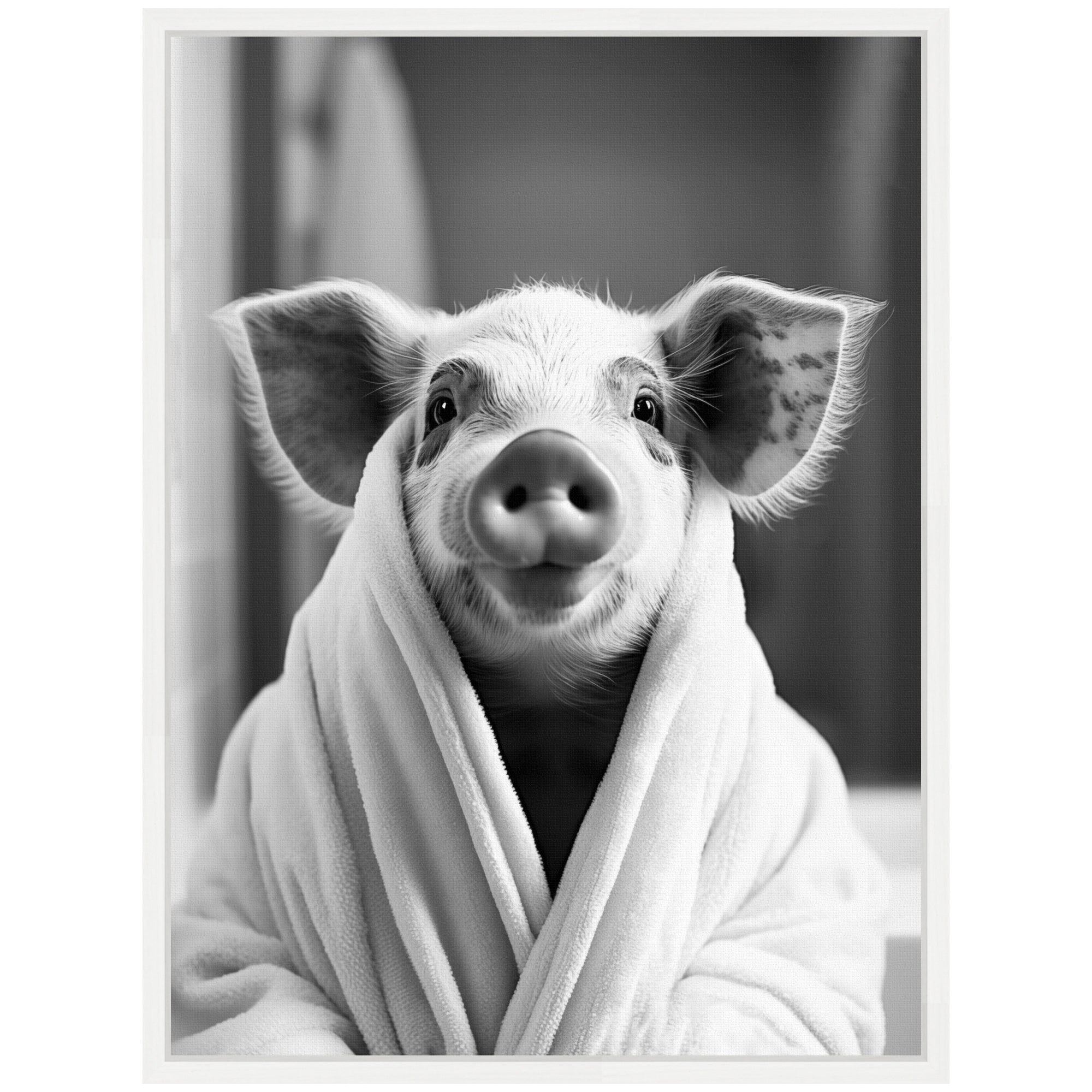Sylvie Pig Bathroom Art Towel Robe Black and White Framed Canvas by The Creative Bunch Studio