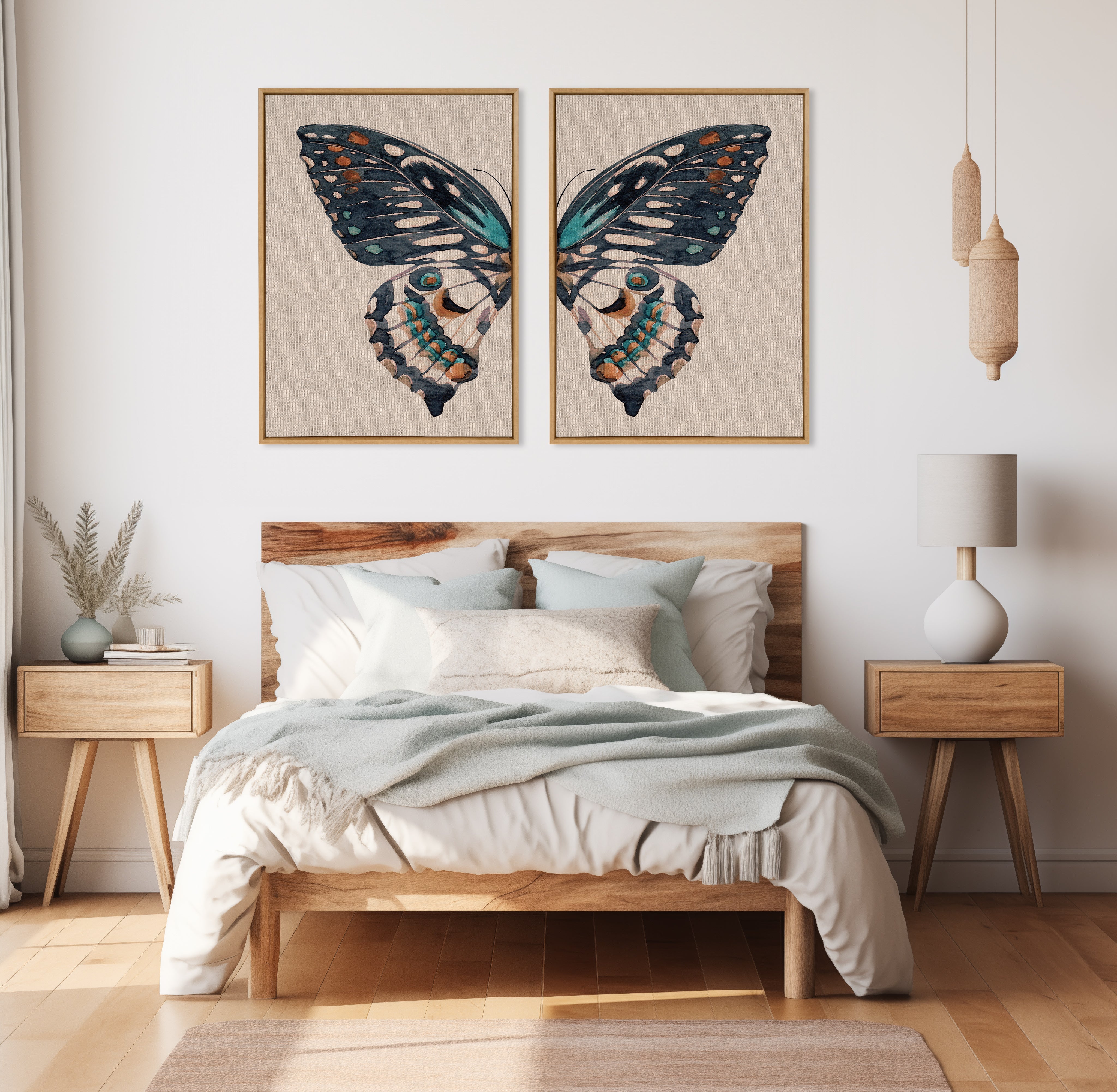 Sylvie Boho Butterfly Watercolor Diptych Neutral Linen Framed Canvas Art Set by The Creative Bunch Studio