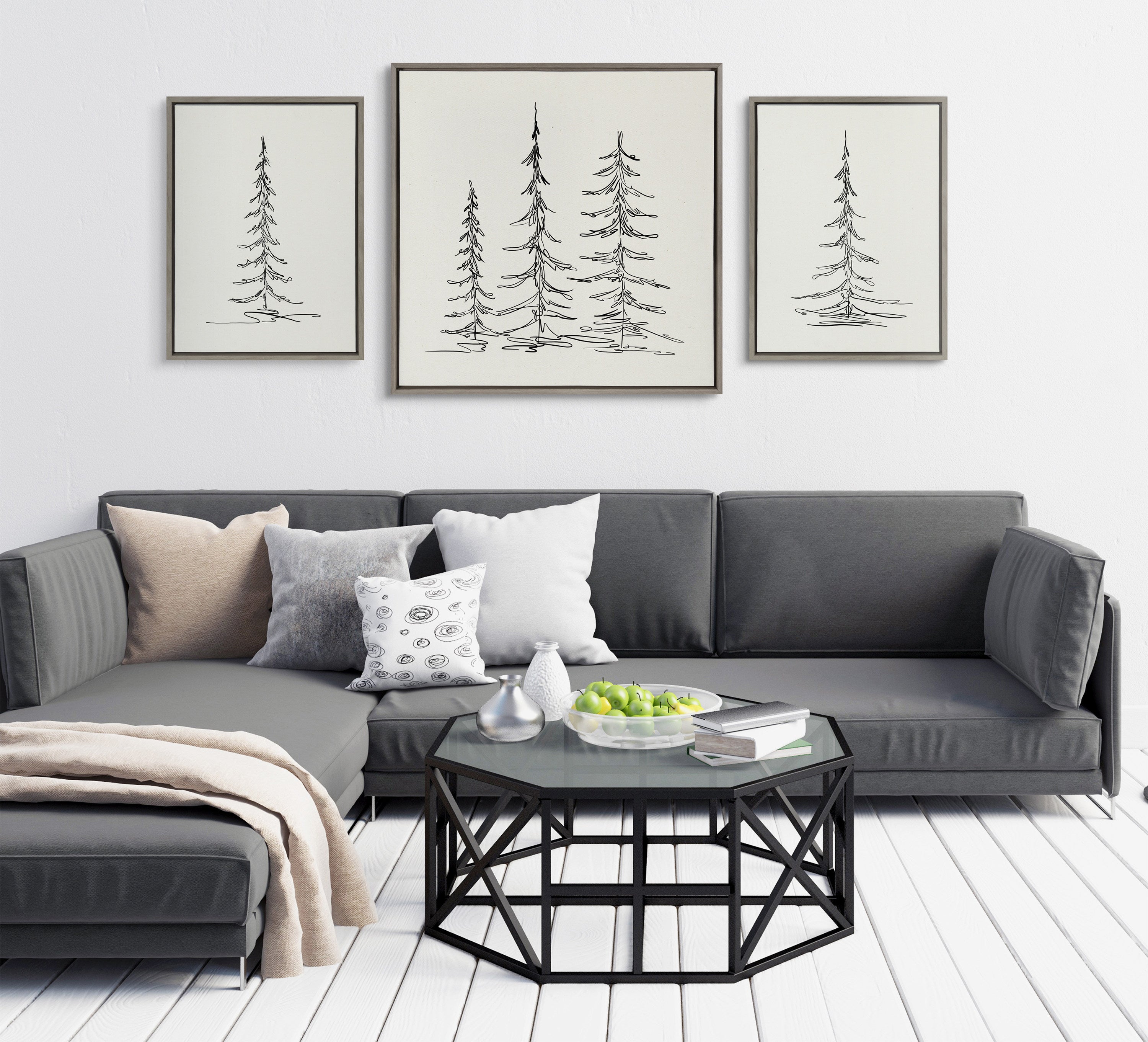 Sylvie Minimalist Evergreen Trees Sketch Framed Canvas by The Creative Bunch Studio