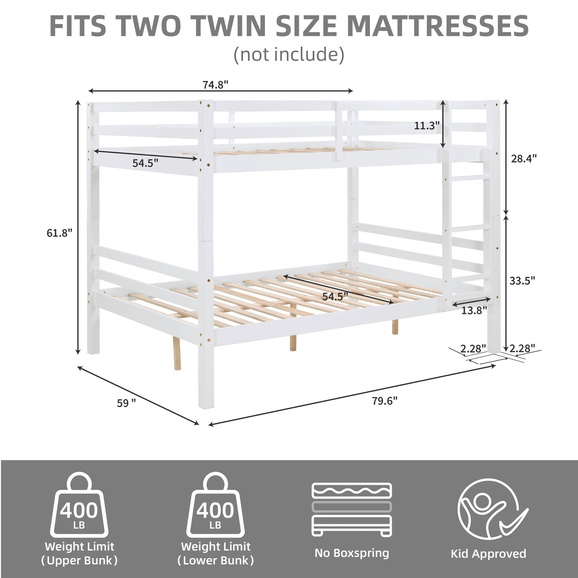 Kids Shared Room Full Over Full Wood Bunk Bed with High Guardrail Ladder White | Just Better Bunk Beds