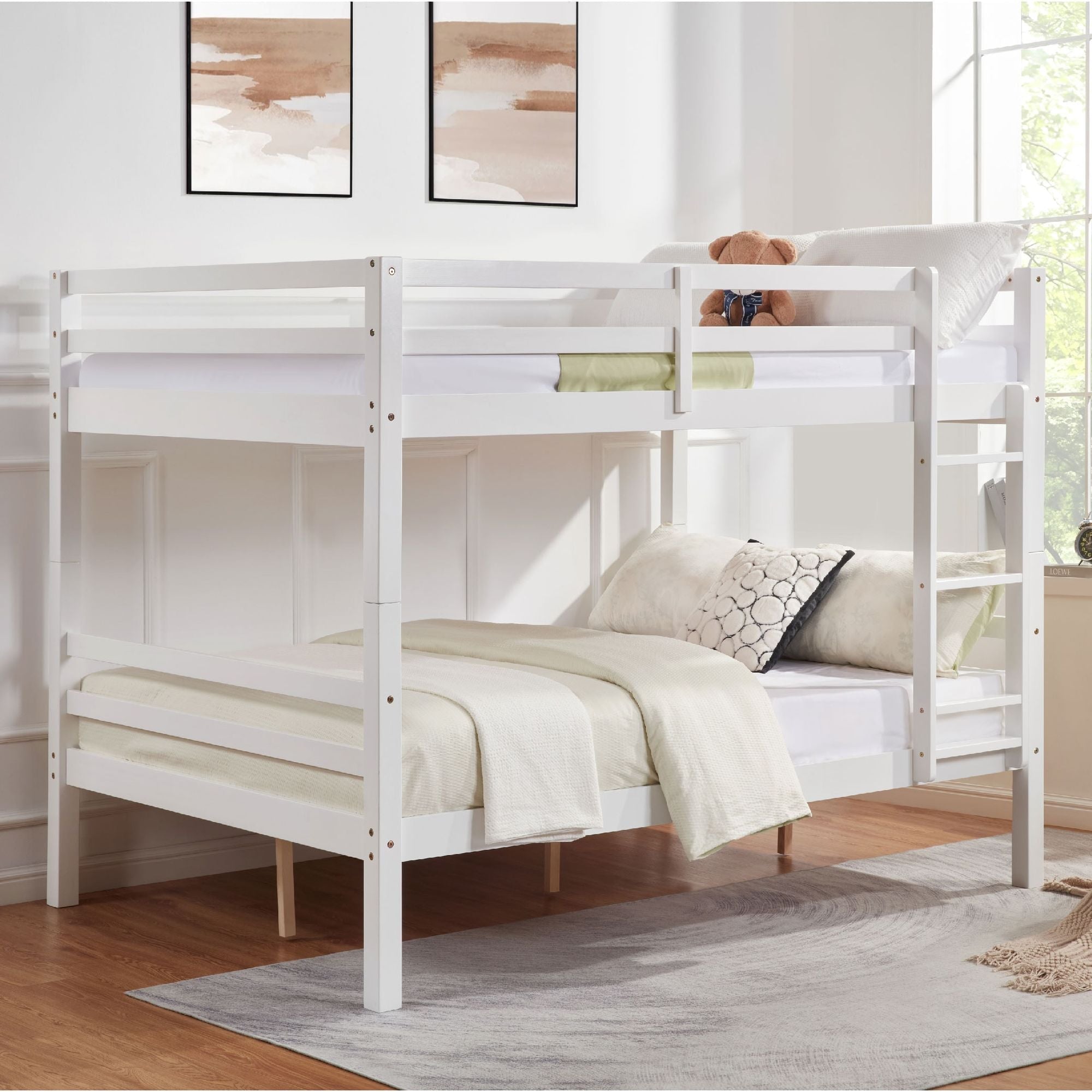 Kids Shared Room Full Over Full Wood Bunk Bed with High Guardrail Ladder White | Just Better Bunk Beds