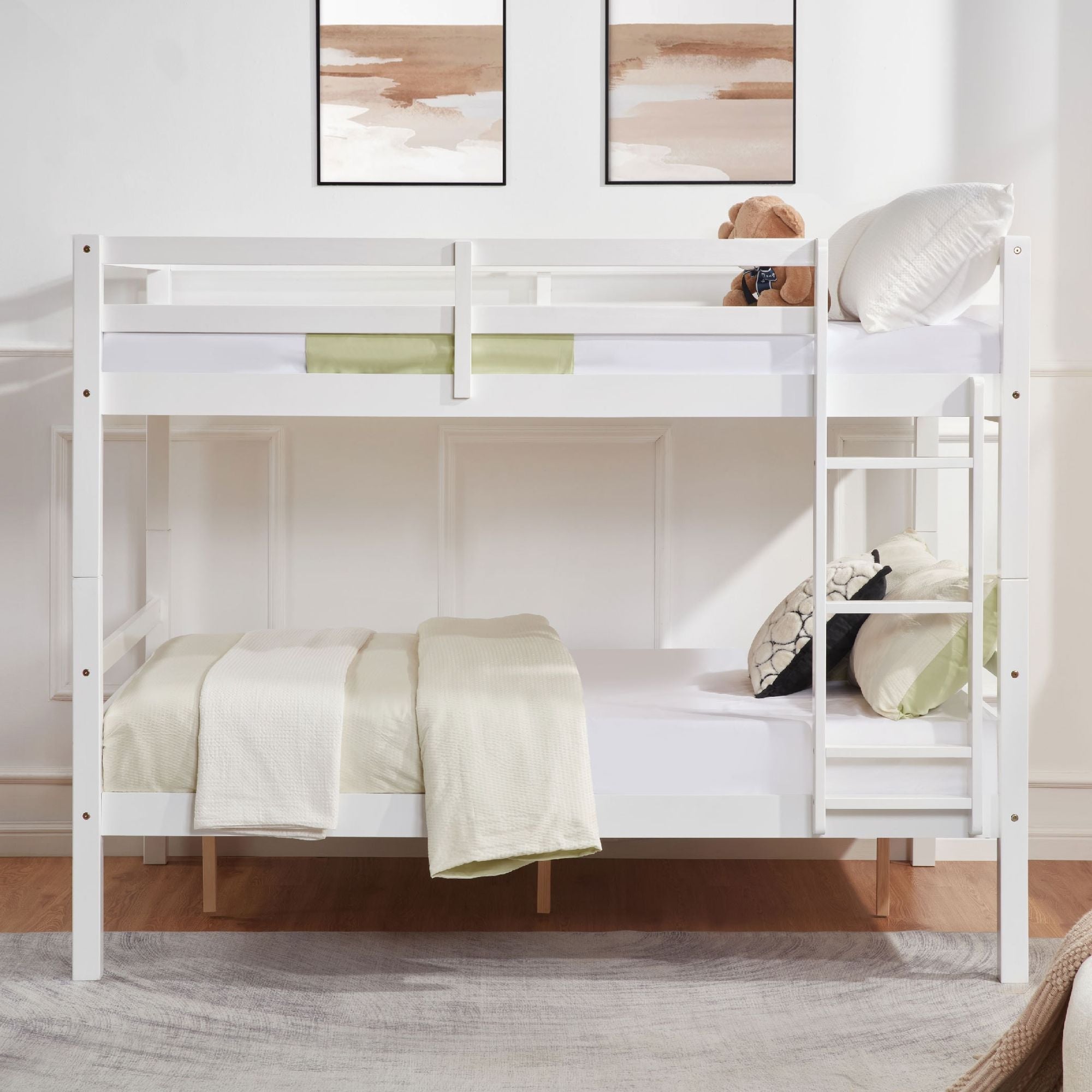 Kids Shared Room Full Over Full Wood Bunk Bed with High Guardrail Ladder White | Just Better Bunk Beds