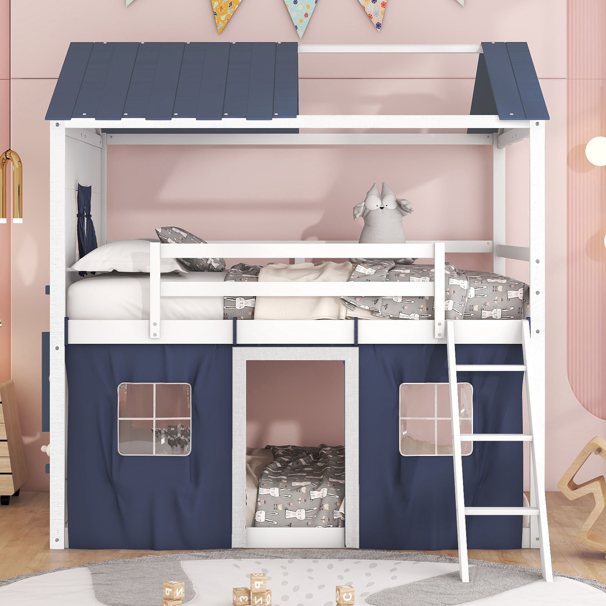 Kids Shared Room Full Over Full Wood House Bunk Bed with Windows Tent Blue White | Just Better Bunk Beds