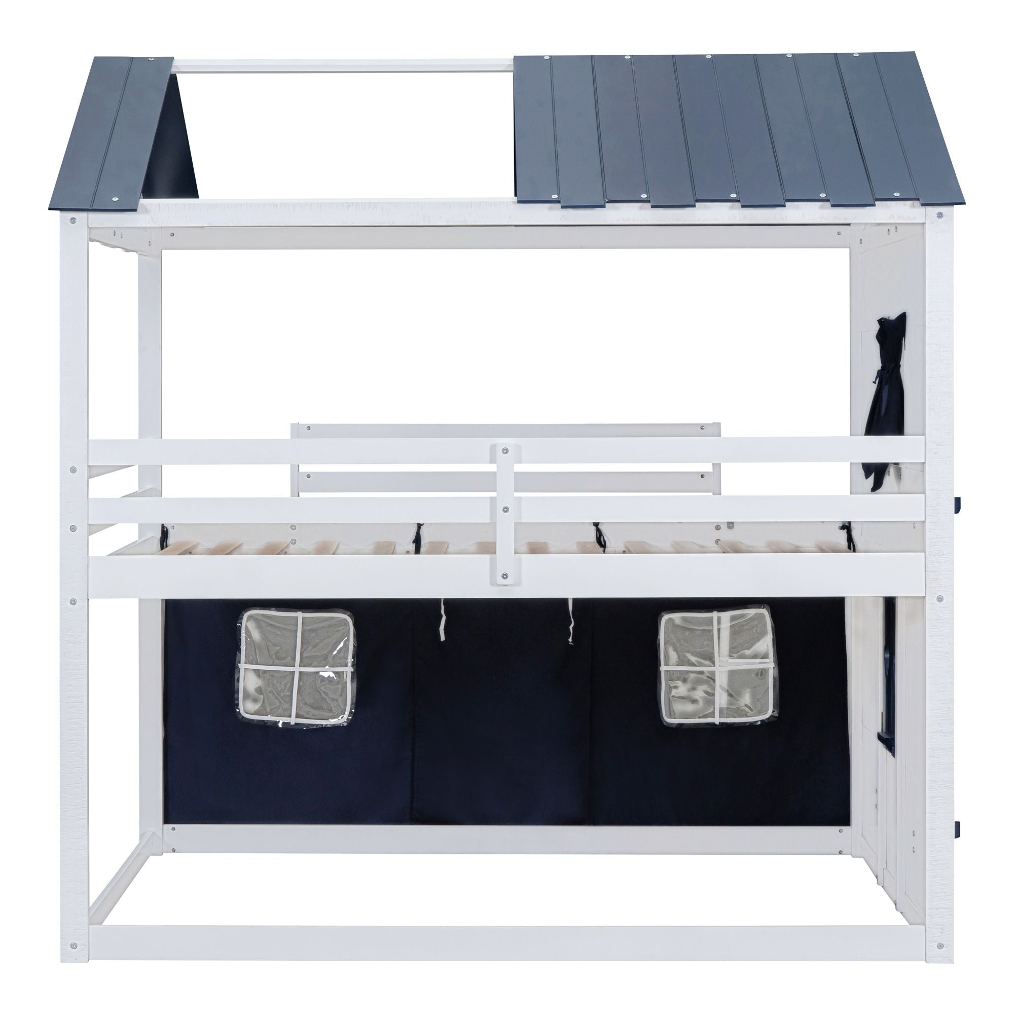 Kids Shared Room Full Over Full Wood House Bunk Bed with Windows Tent Blue White | Just Better Bunk Beds