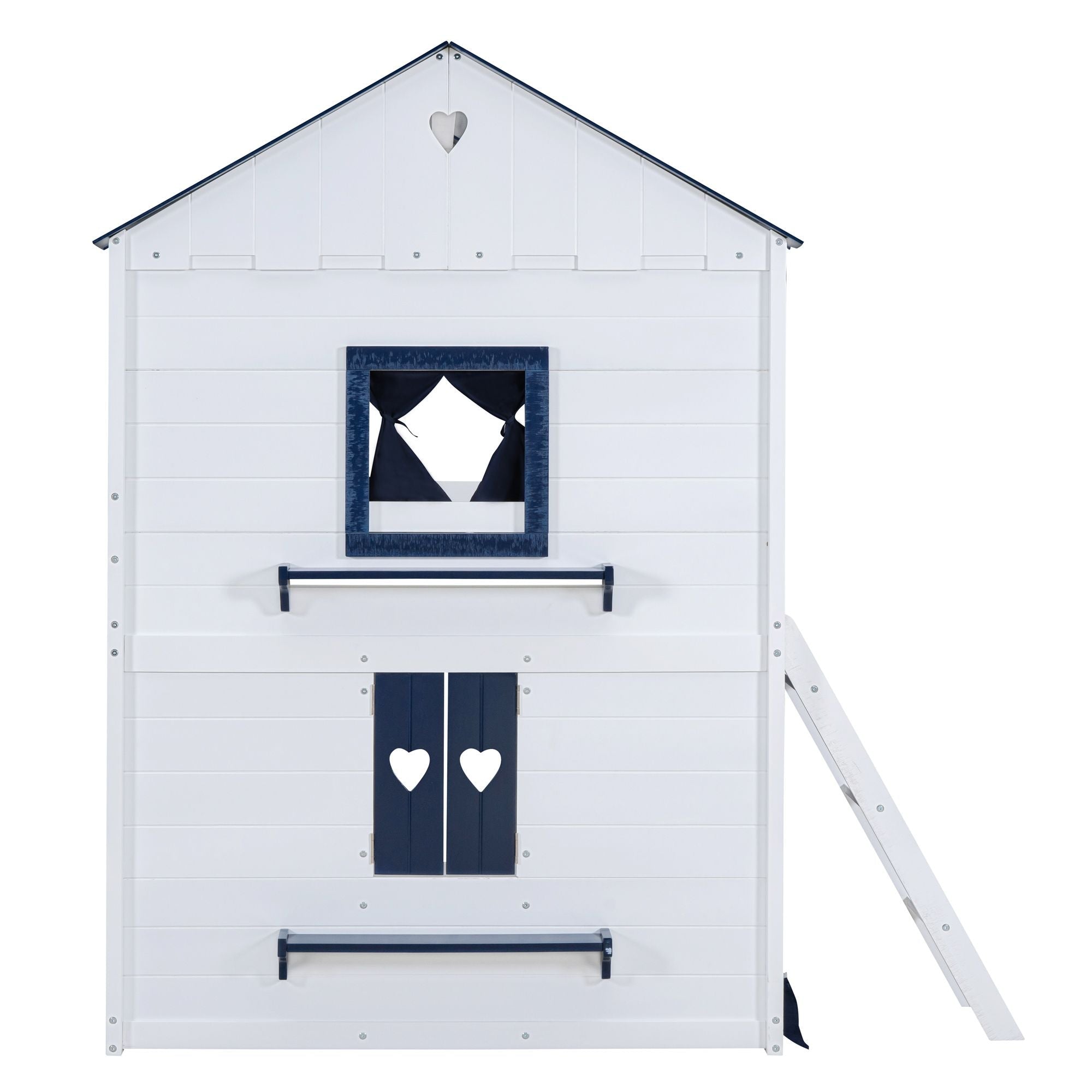 Kids Shared Room Full Over Full Wood House Bunk Bed with Windows Tent Blue White | Just Better Bunk Beds
