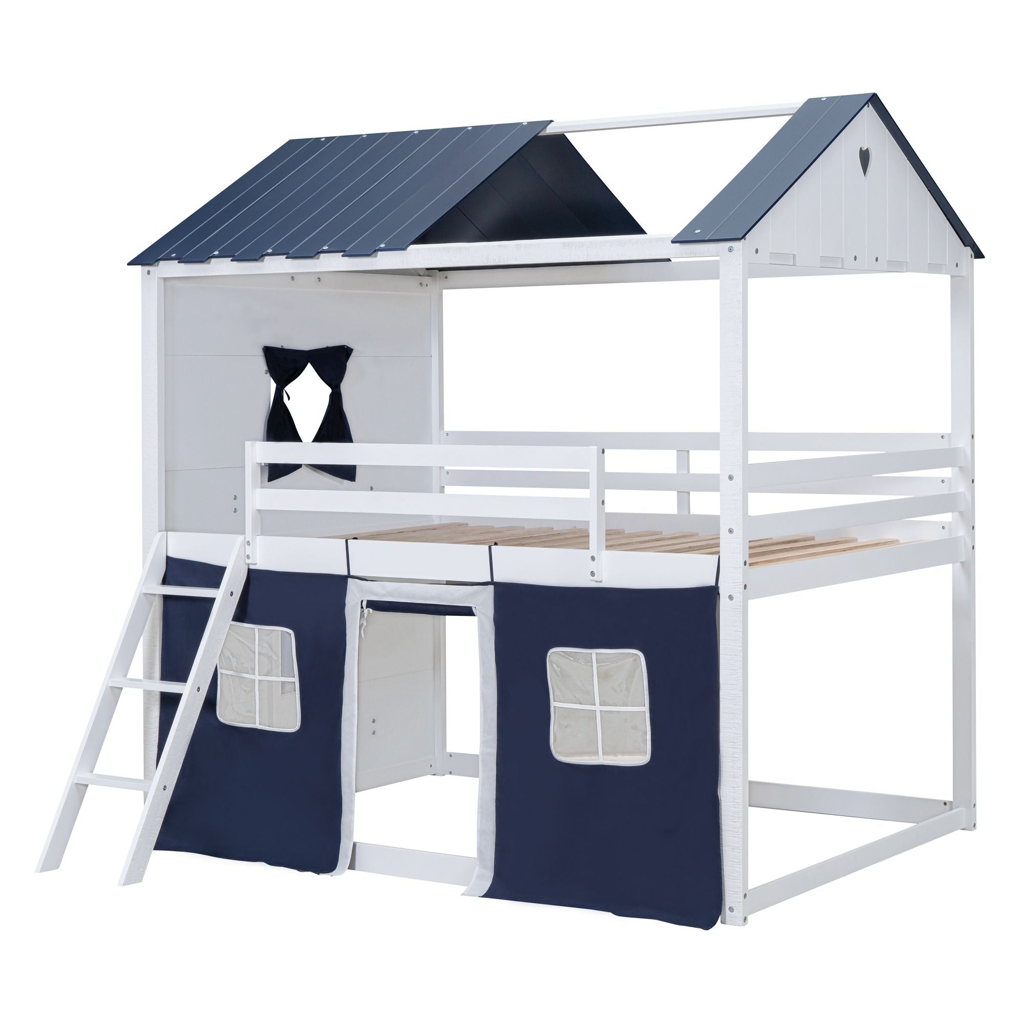 Kids Shared Room Full Over Full Wood House Bunk Bed with Windows Tent Blue White | Just Better Bunk Beds