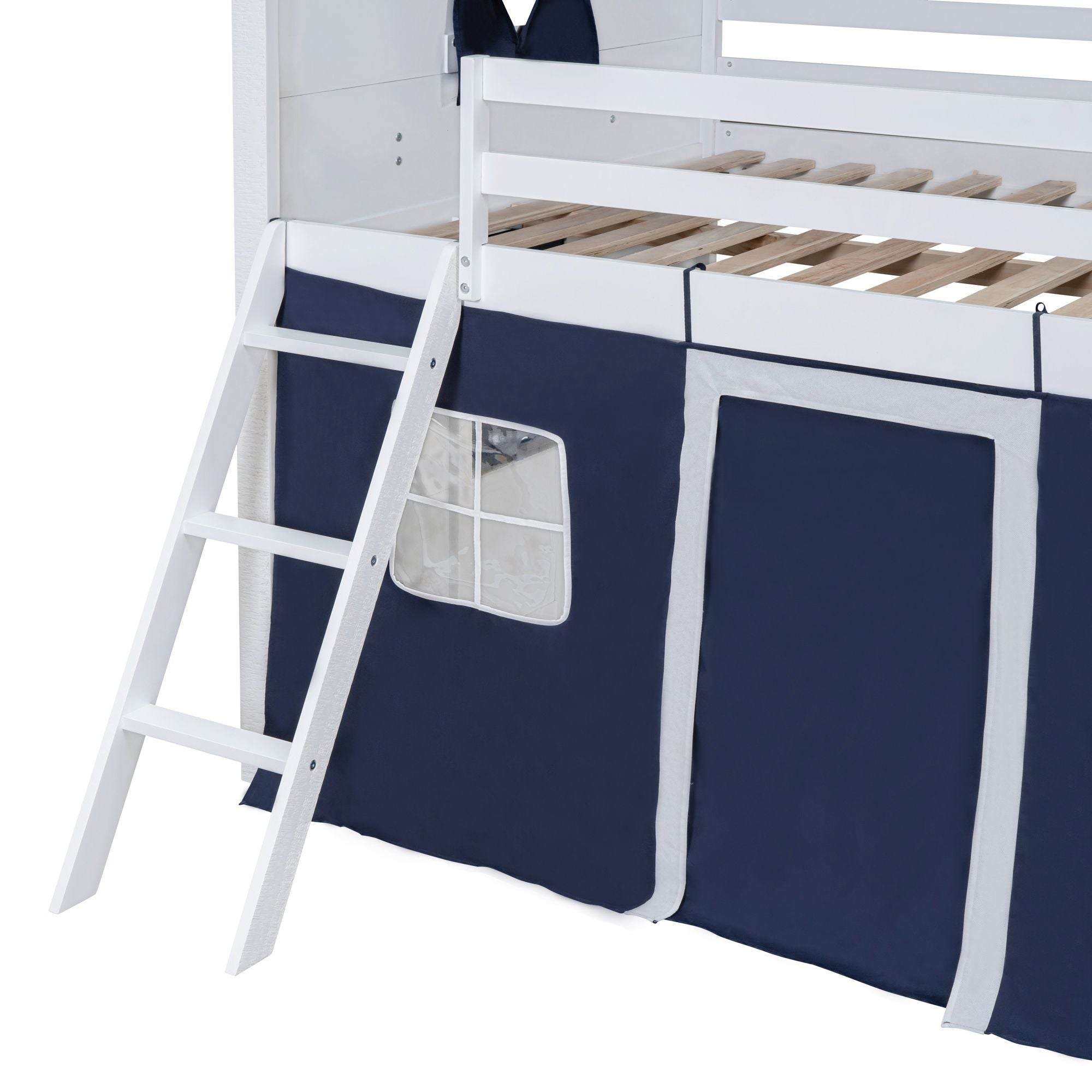Kids Shared Room Full Over Full Wood House Bunk Bed with Windows Tent Blue White | Just Better Bunk Beds