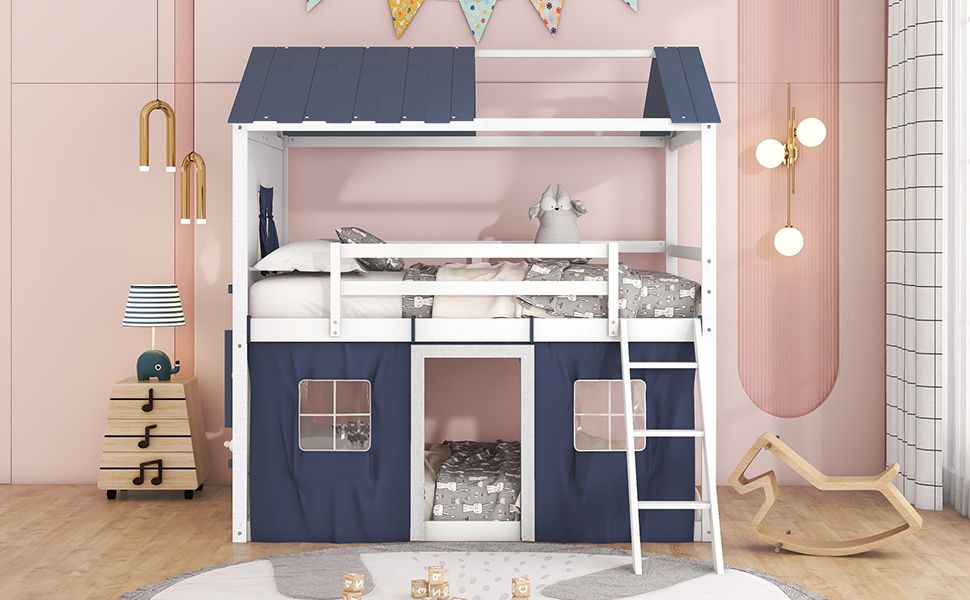 Kids Shared Room Full Over Full Wood House Bunk Bed with Windows Tent Blue White | Just Better Bunk Beds