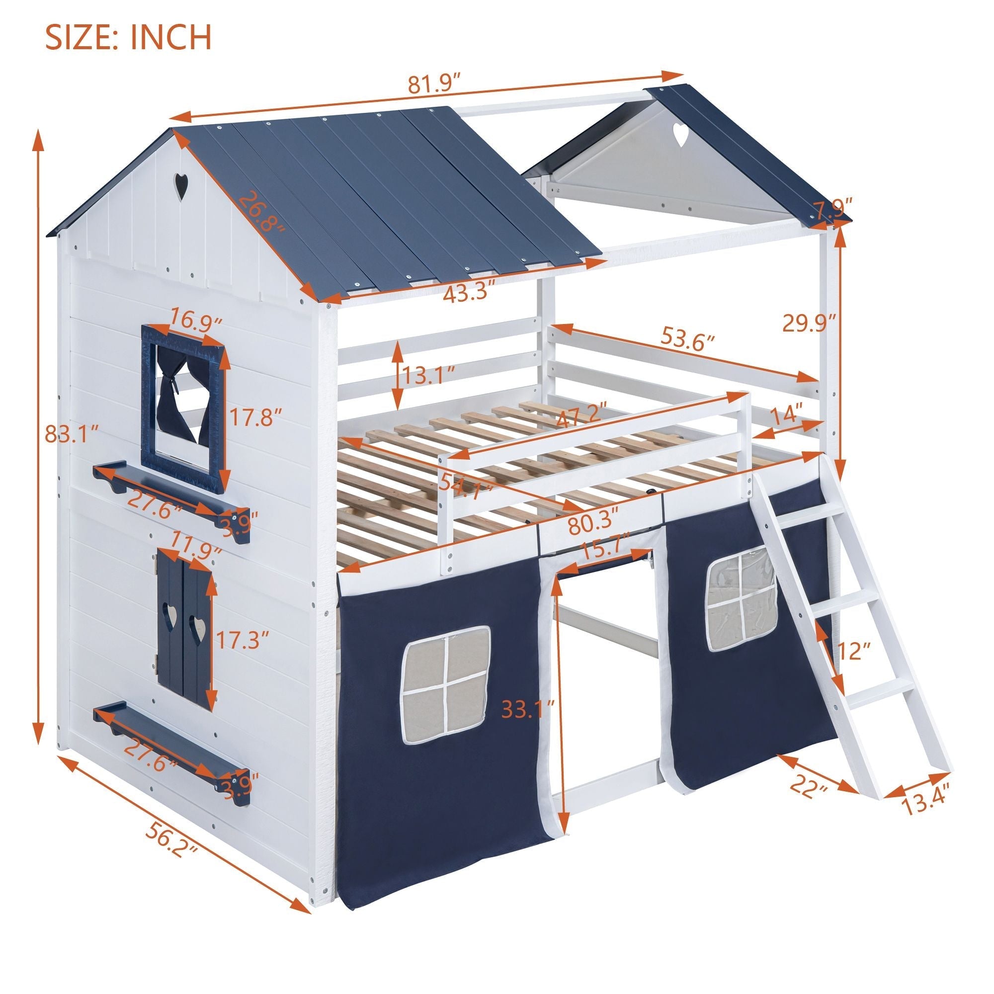 Kids Shared Room Full Over Full Wood House Bunk Bed with Windows Tent Blue White | Just Better Bunk Beds