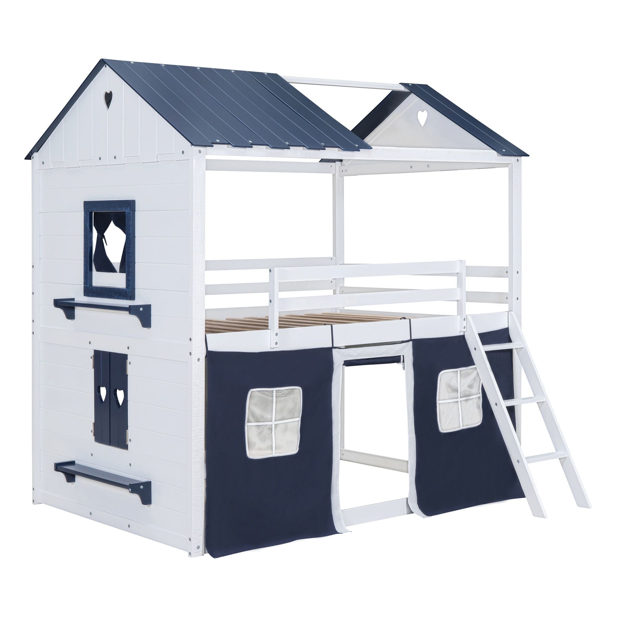 Kids Shared Room Full Over Full Wood House Bunk Bed with Windows Tent Blue White | Just Better Bunk Beds