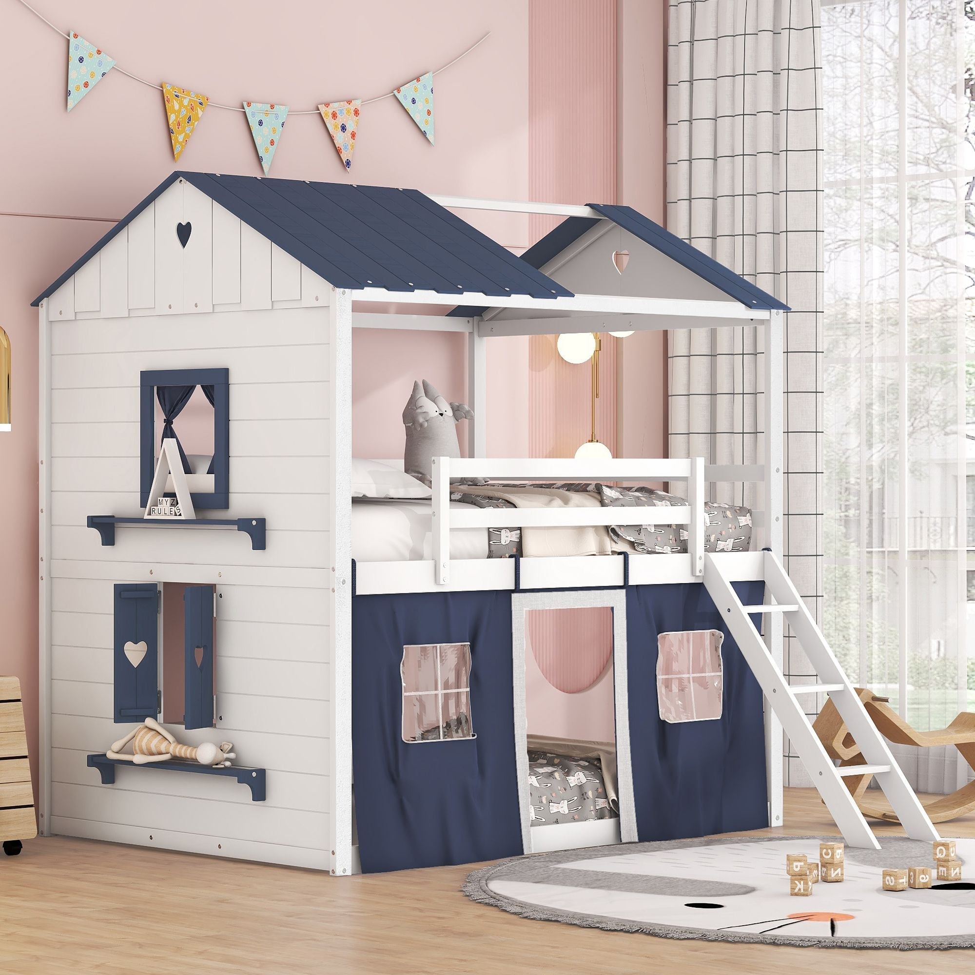 Kids Shared Room Full Over Full Wood House Bunk Bed with Windows Tent Blue White | Just Better Bunk Beds