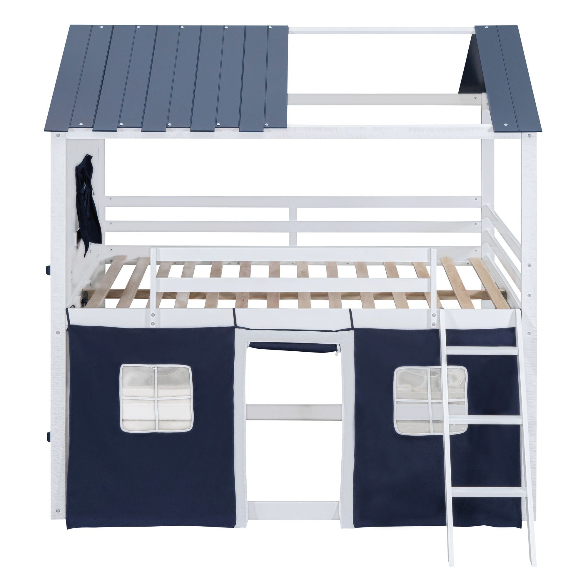 Kids Shared Room Full Over Full Wood House Bunk Bed with Windows Tent Blue White | Just Better Bunk Beds