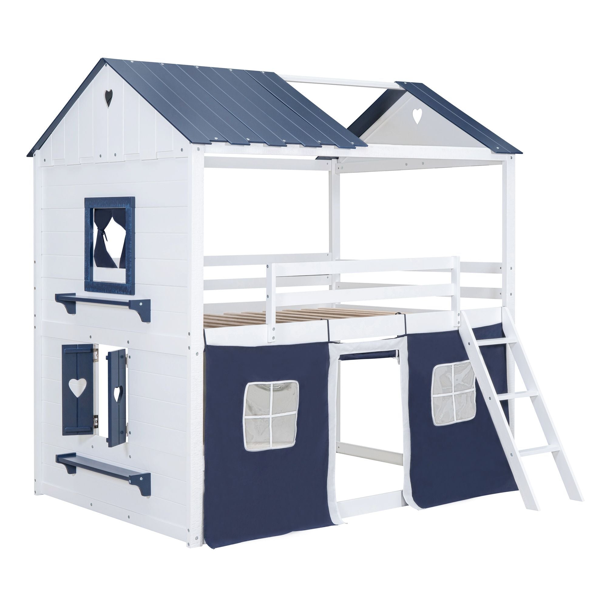 Kids Shared Room Full Over Full Wood House Bunk Bed with Windows Tent Blue White | Just Better Bunk Beds