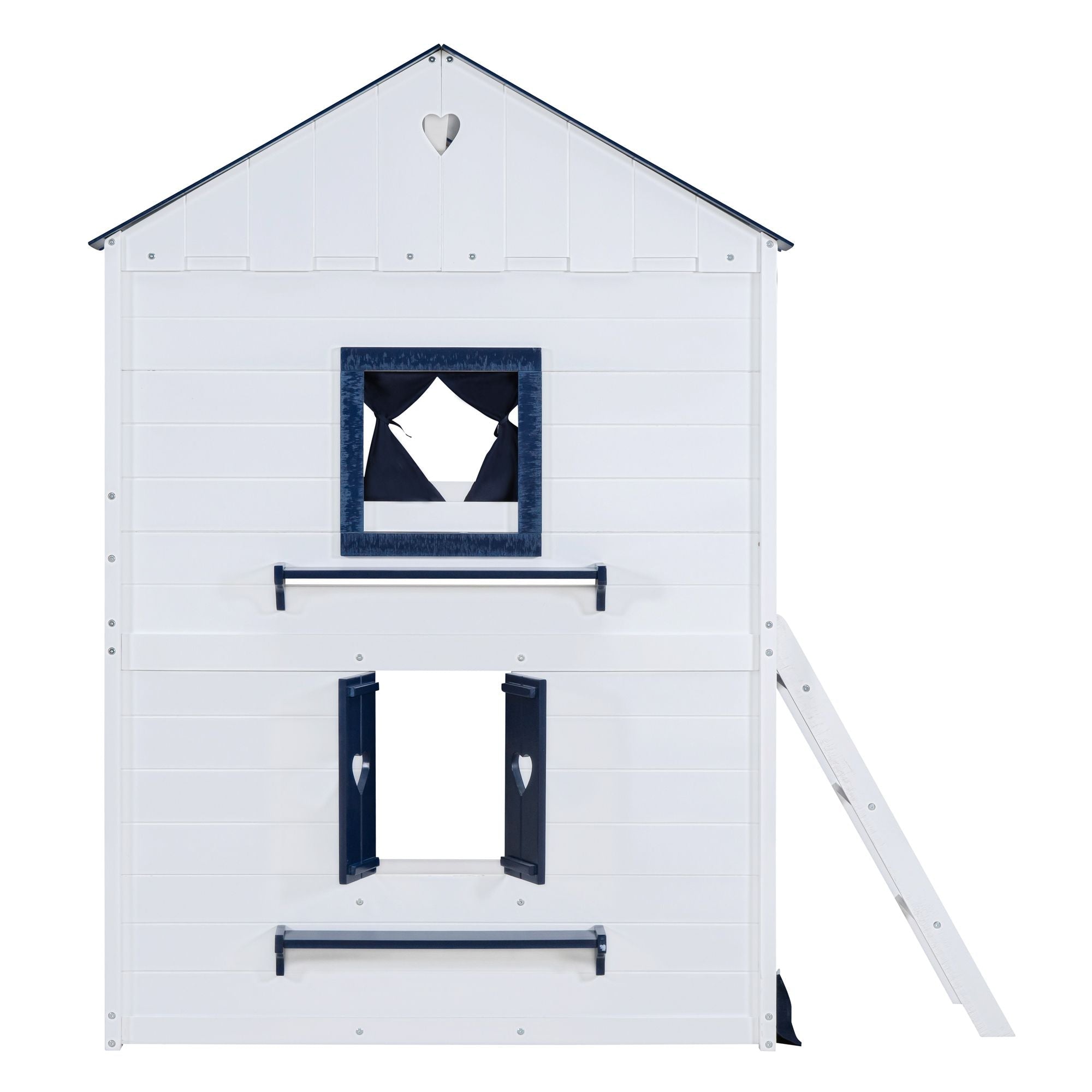 Kids Shared Room Full Over Full Wood House Bunk Bed with Windows Tent Blue White | Just Better Bunk Beds