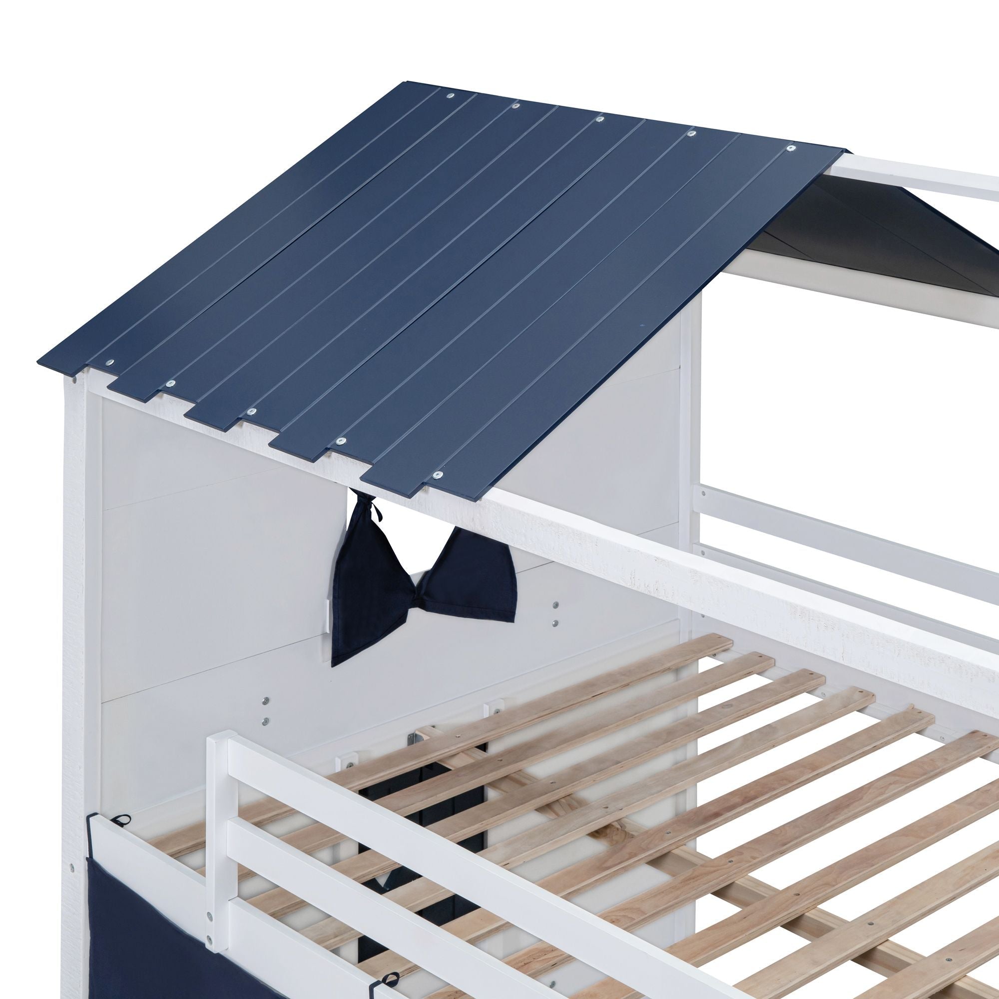 Kids Shared Room Full Over Full Wood House Bunk Bed with Windows Tent Blue White | Just Better Bunk Beds