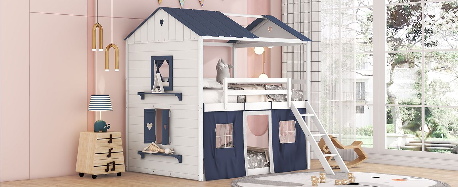 Kids Shared Room Full Over Full Wood House Bunk Bed with Windows Tent Blue White | Just Better Bunk Beds