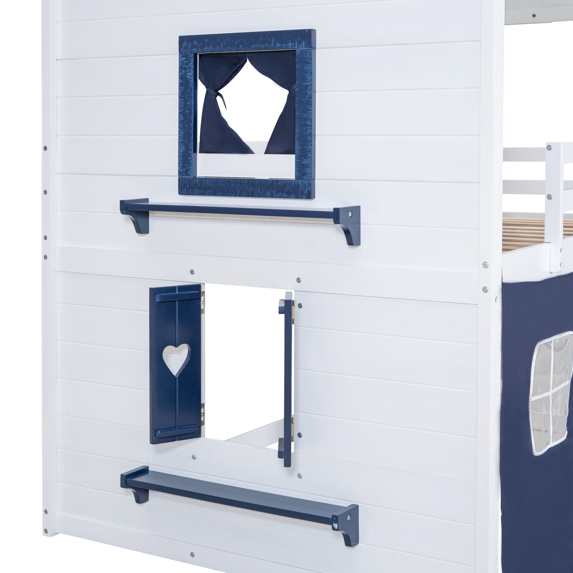 Kids Shared Room Full Over Full Wood House Bunk Bed with Windows Tent Blue White | Just Better Bunk Beds