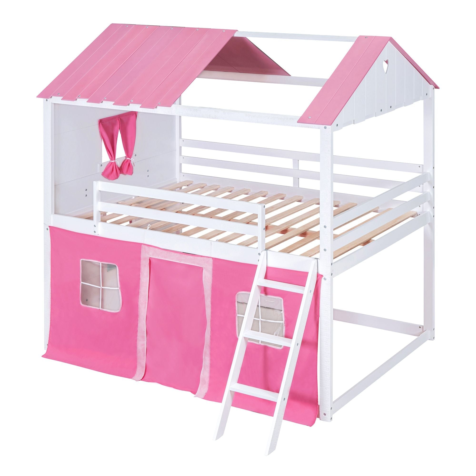 Kids Shared Room Full Size Wood Bunk Bed with House Design, Windows, Tent, Pink and White | Just Better Bunk Beds