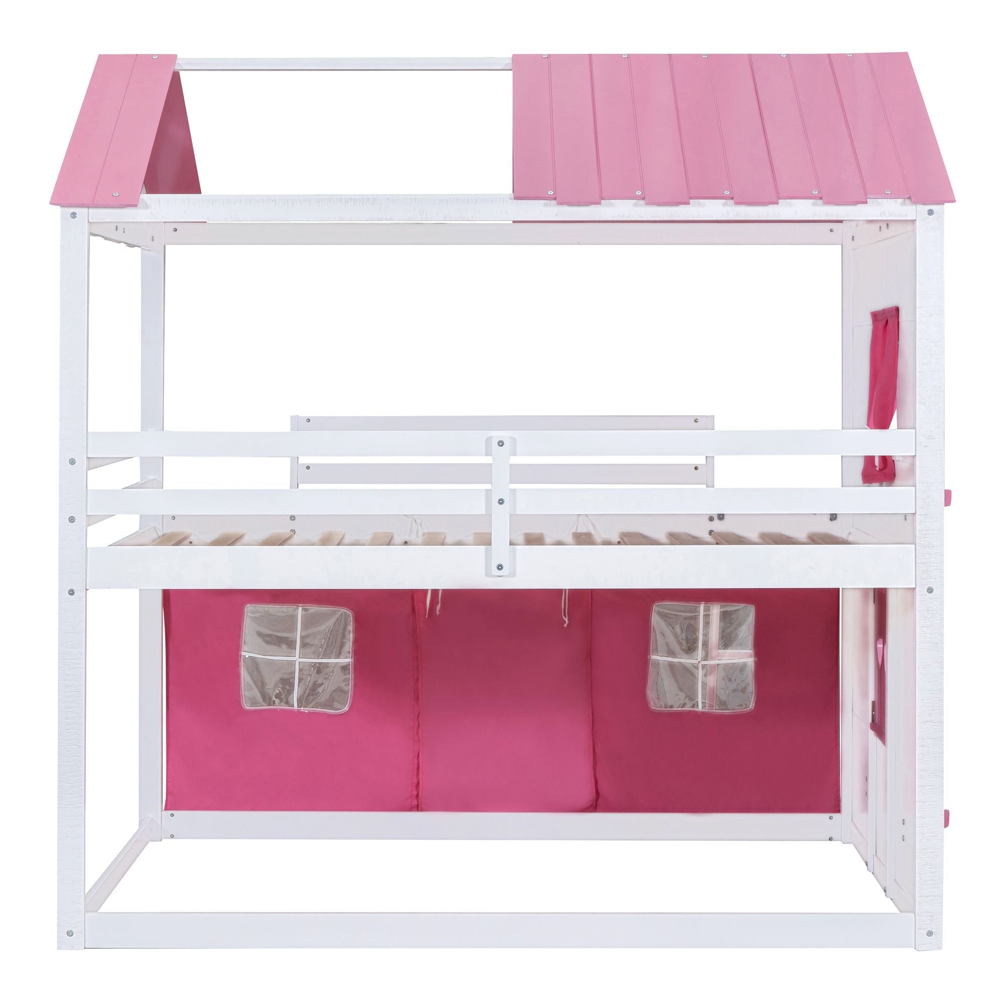 Kids Shared Room Full Size Wood Bunk Bed with House Design, Windows, Tent, Pink and White | Just Better Bunk Beds