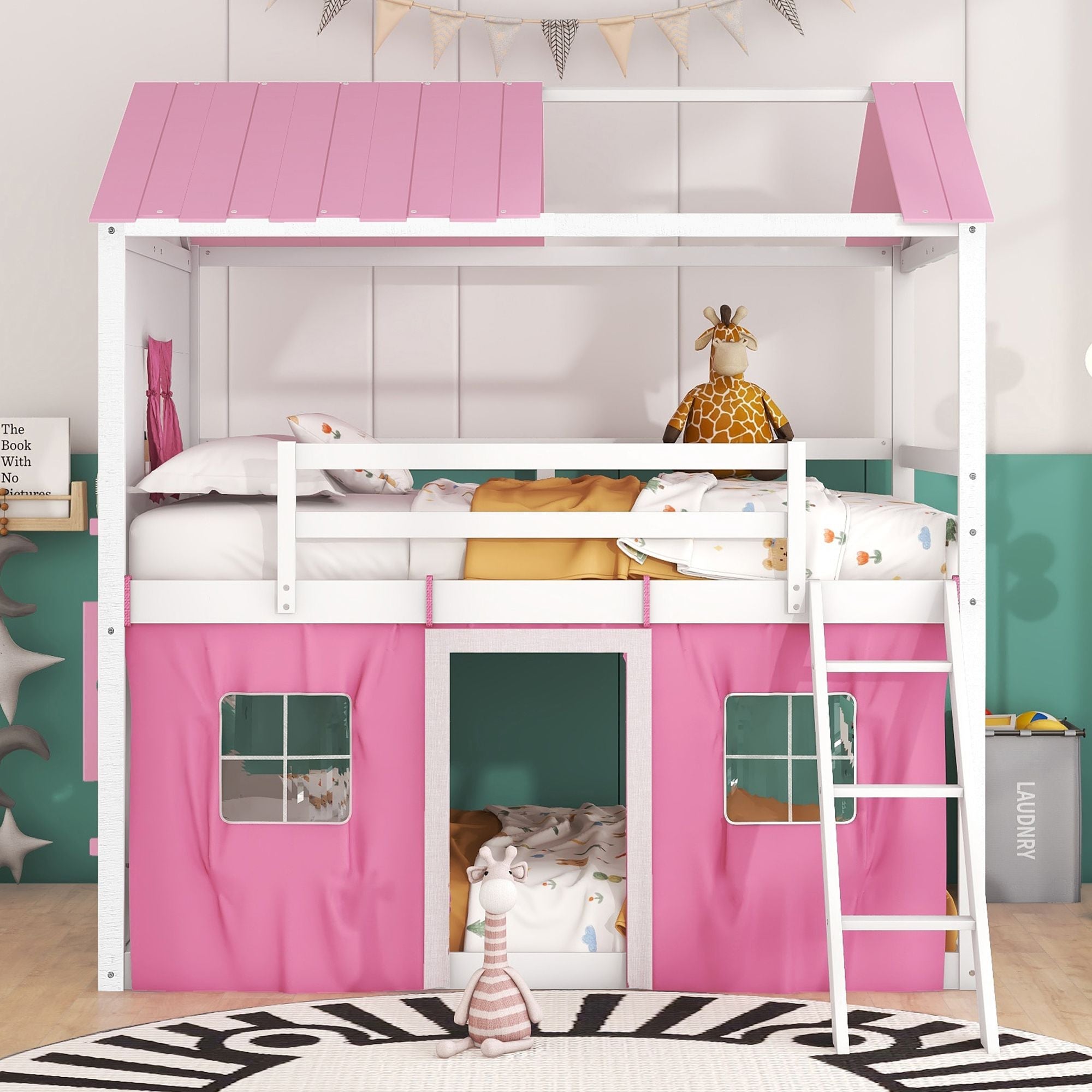Kids Shared Room Full Size Wood Bunk Bed with House Design, Windows, Tent, Pink and White | Just Better Bunk Beds