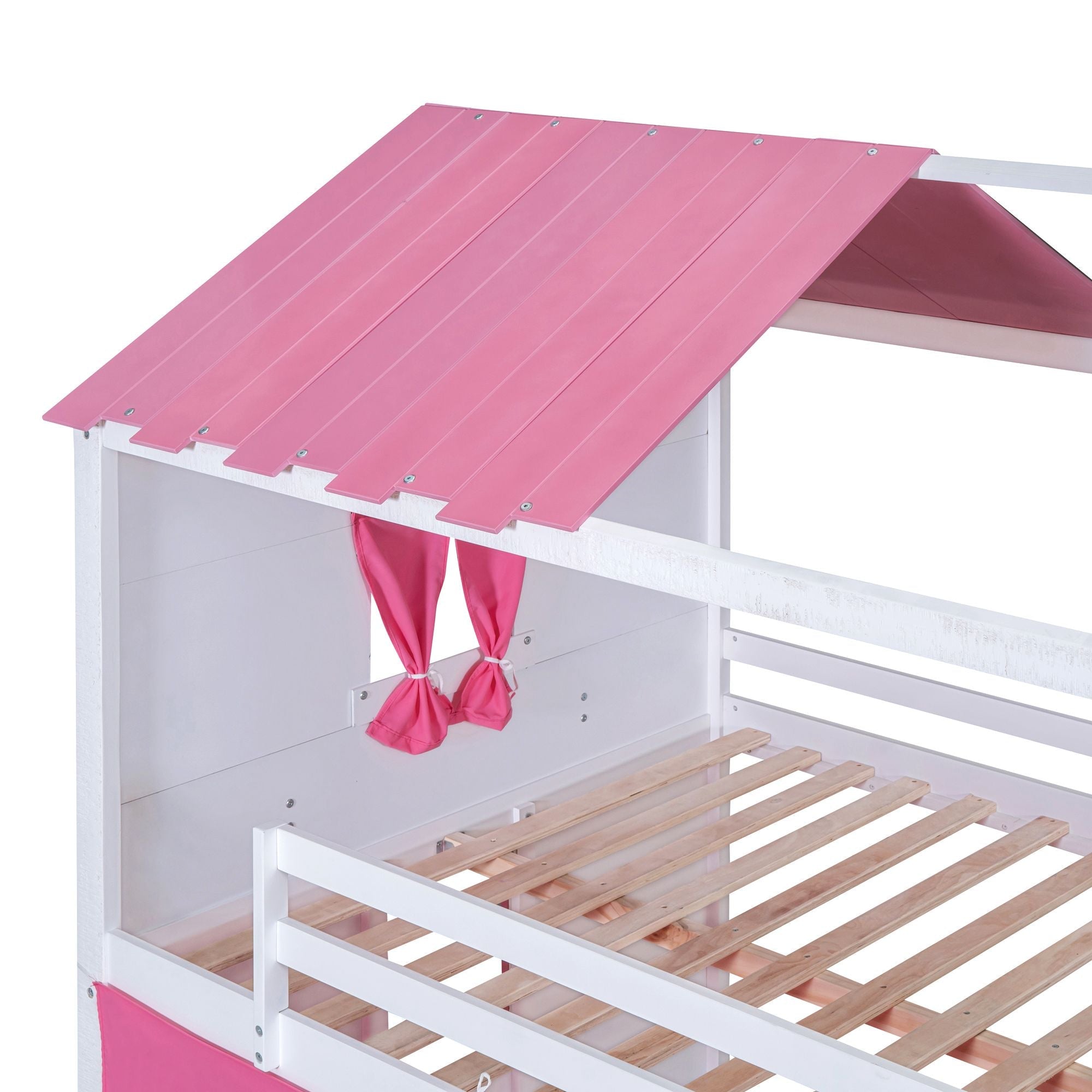 Kids Shared Room Full Size Wood Bunk Bed with House Design, Windows, Tent, Pink and White | Just Better Bunk Beds