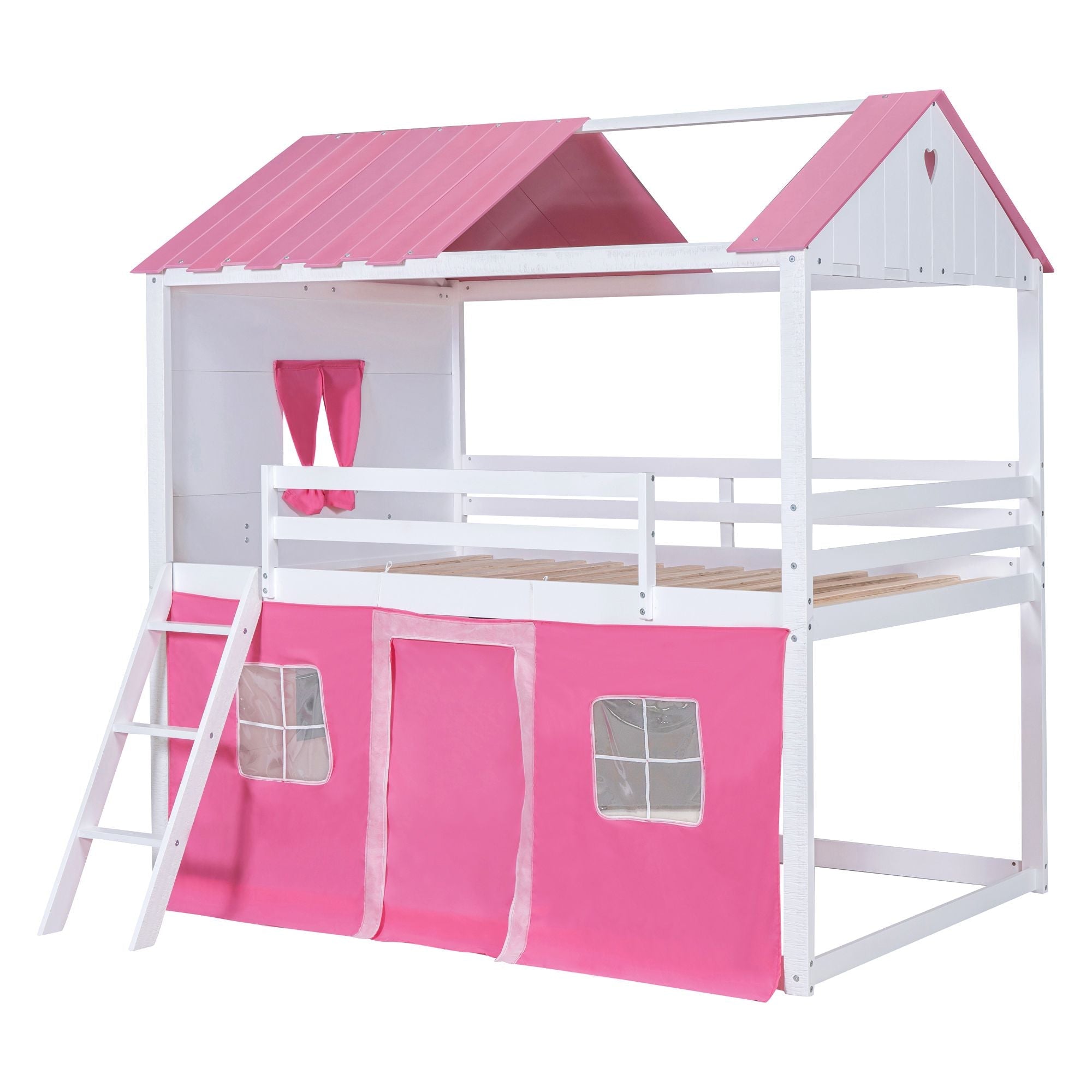 Kids Shared Room Full Size Wood Bunk Bed with House Design, Windows, Tent, Pink and White | Just Better Bunk Beds