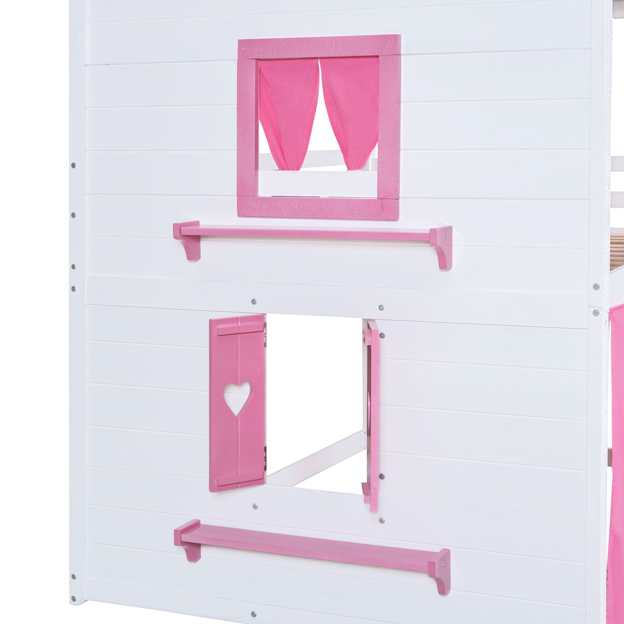 Kids Shared Room Full Size Wood Bunk Bed with House Design, Windows, Tent, Pink and White | Just Better Bunk Beds