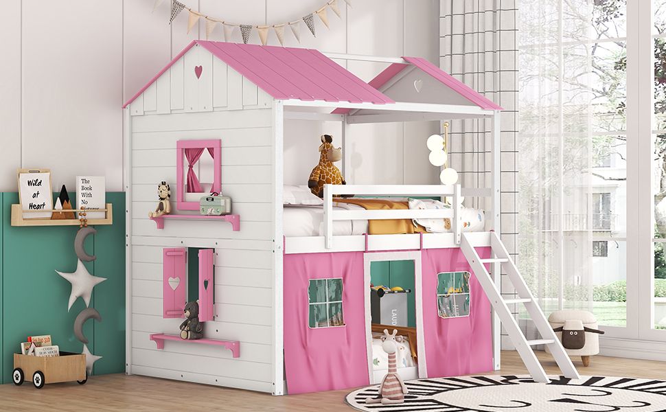 Kids Shared Room Full Size Wood Bunk Bed with House Design, Windows, Tent, Pink and White | Just Better Bunk Beds