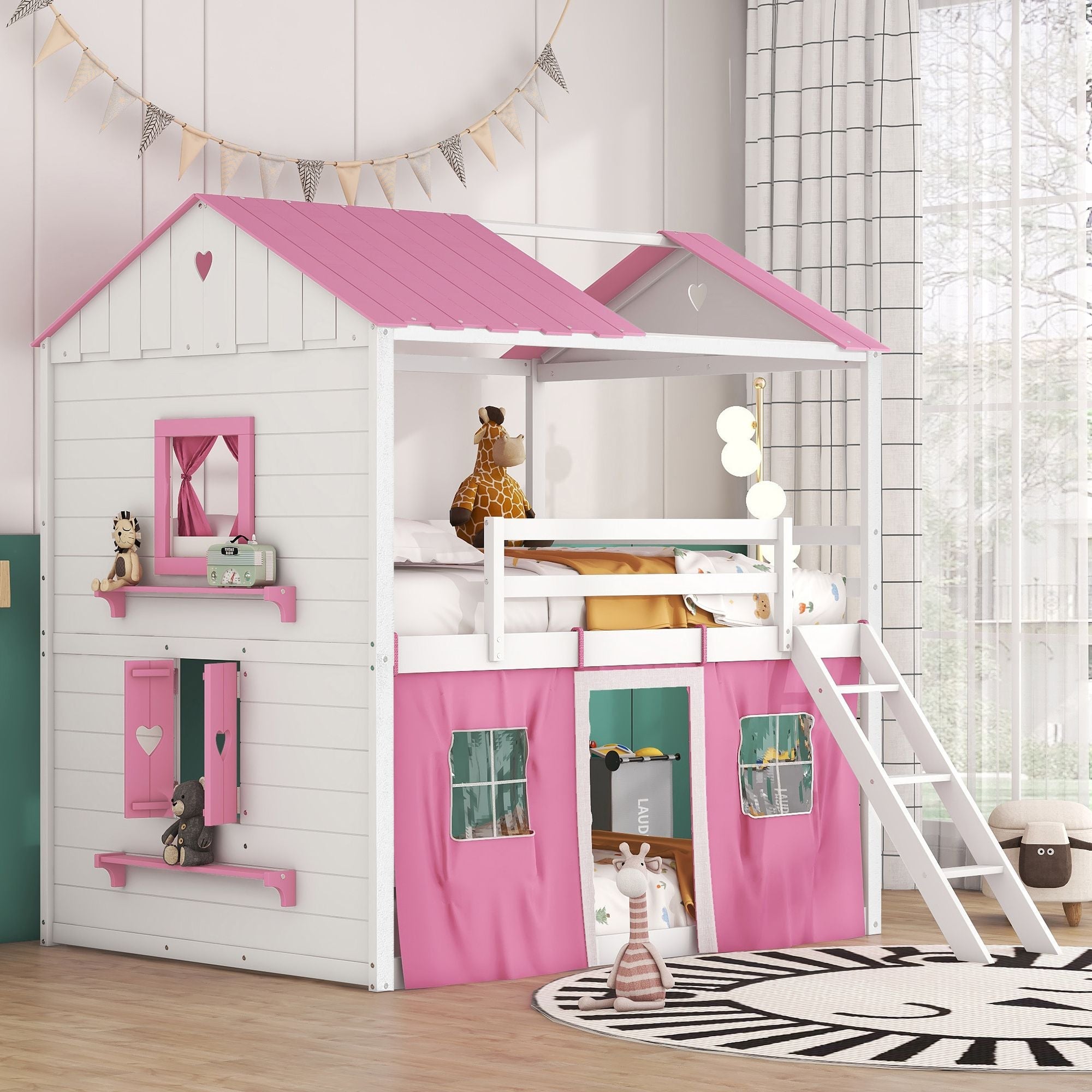 Kids Shared Room Full Size Wood Bunk Bed with House Design, Windows, Tent, Pink and White | Just Better Bunk Beds