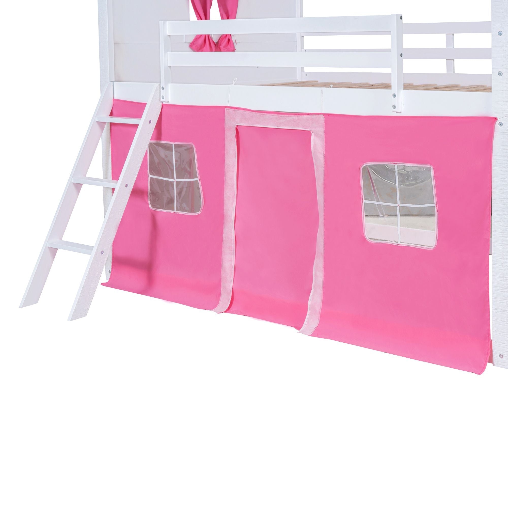 Kids Shared Room Full Size Wood Bunk Bed with House Design, Windows, Tent, Pink and White | Just Better Bunk Beds