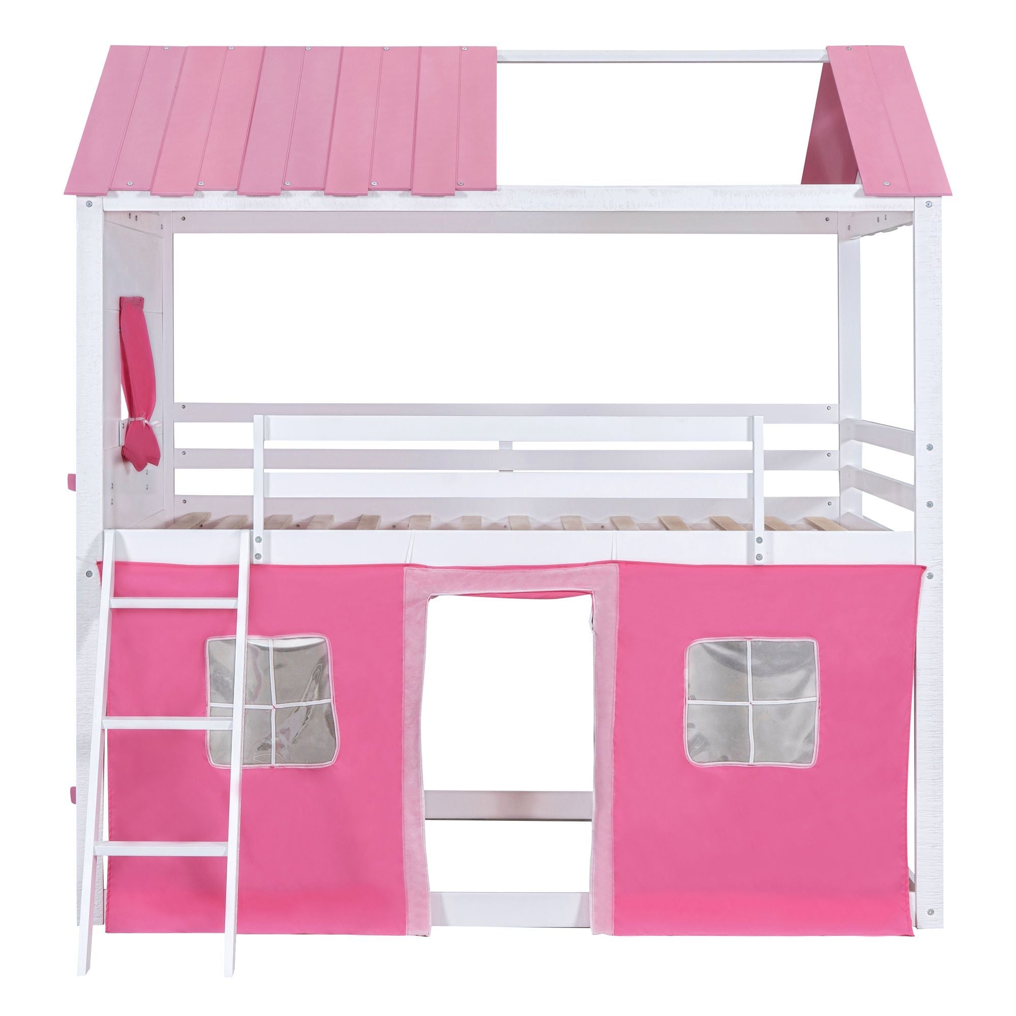 Kids Shared Room Full Size Wood Bunk Bed with House Design, Windows, Tent, Pink and White | Just Better Bunk Beds