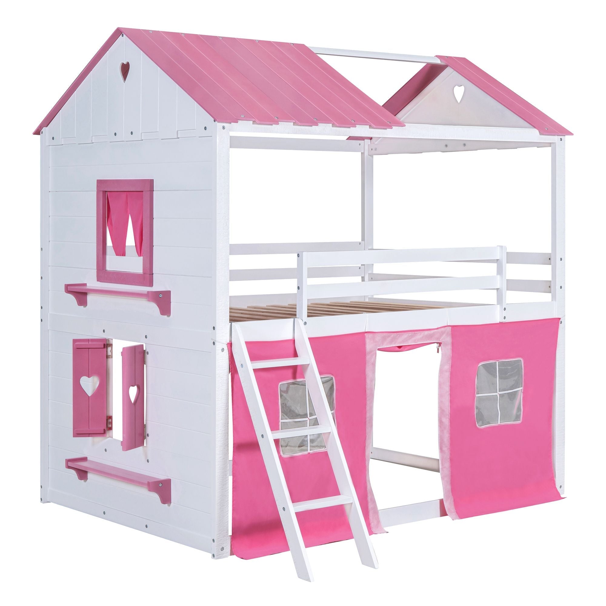 Kids Shared Room Full Size Wood Bunk Bed with House Design, Windows, Tent, Pink and White | Just Better Bunk Beds